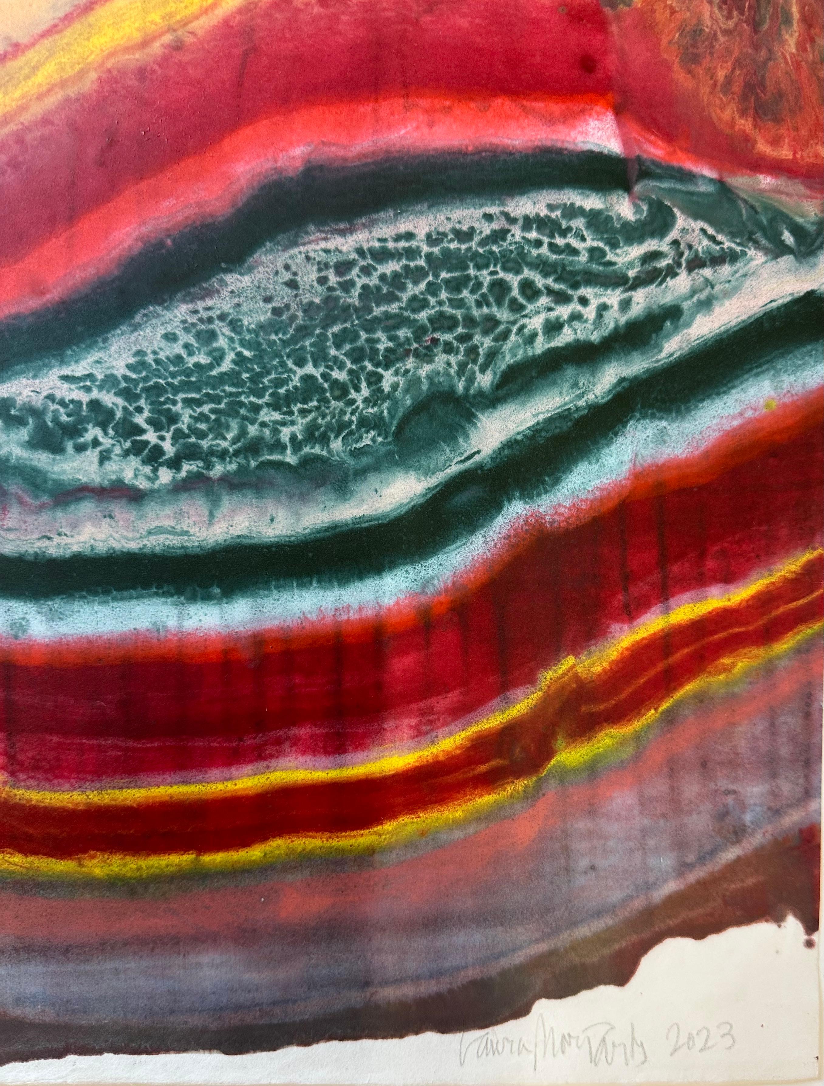 Talking to Rocks 23, Magenta Red, Sky Blue, Orange Abstract Encaustic Monotype For Sale 6