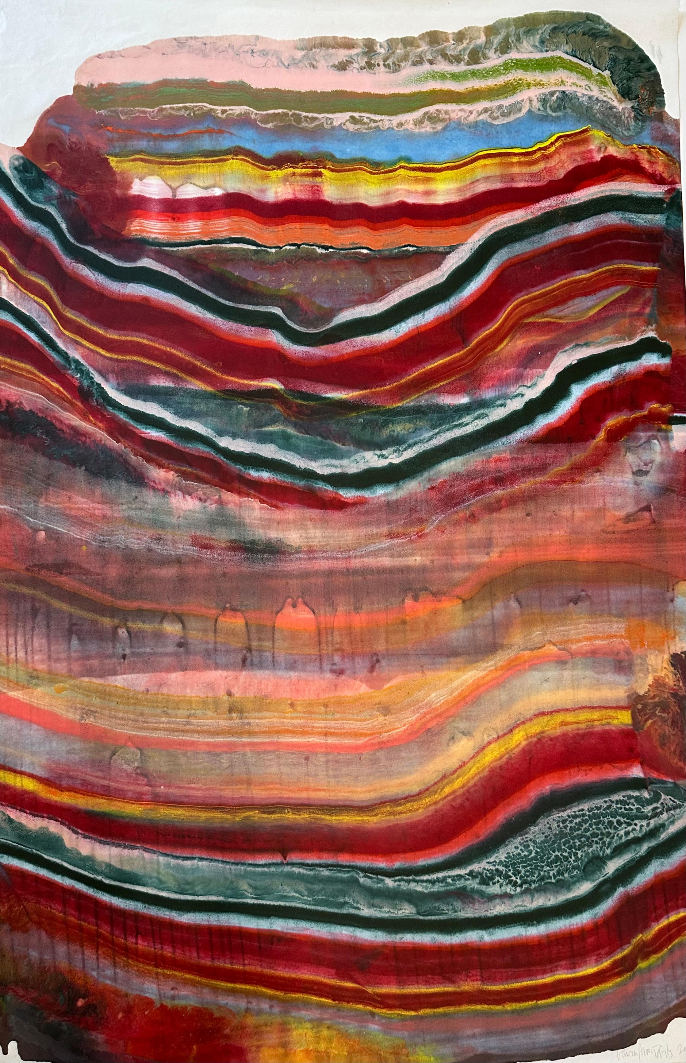 Talking to Rocks 23, Magenta Red, Sky Blue, Orange Abstract Encaustic Monotype - Print by Laura Moriarty
