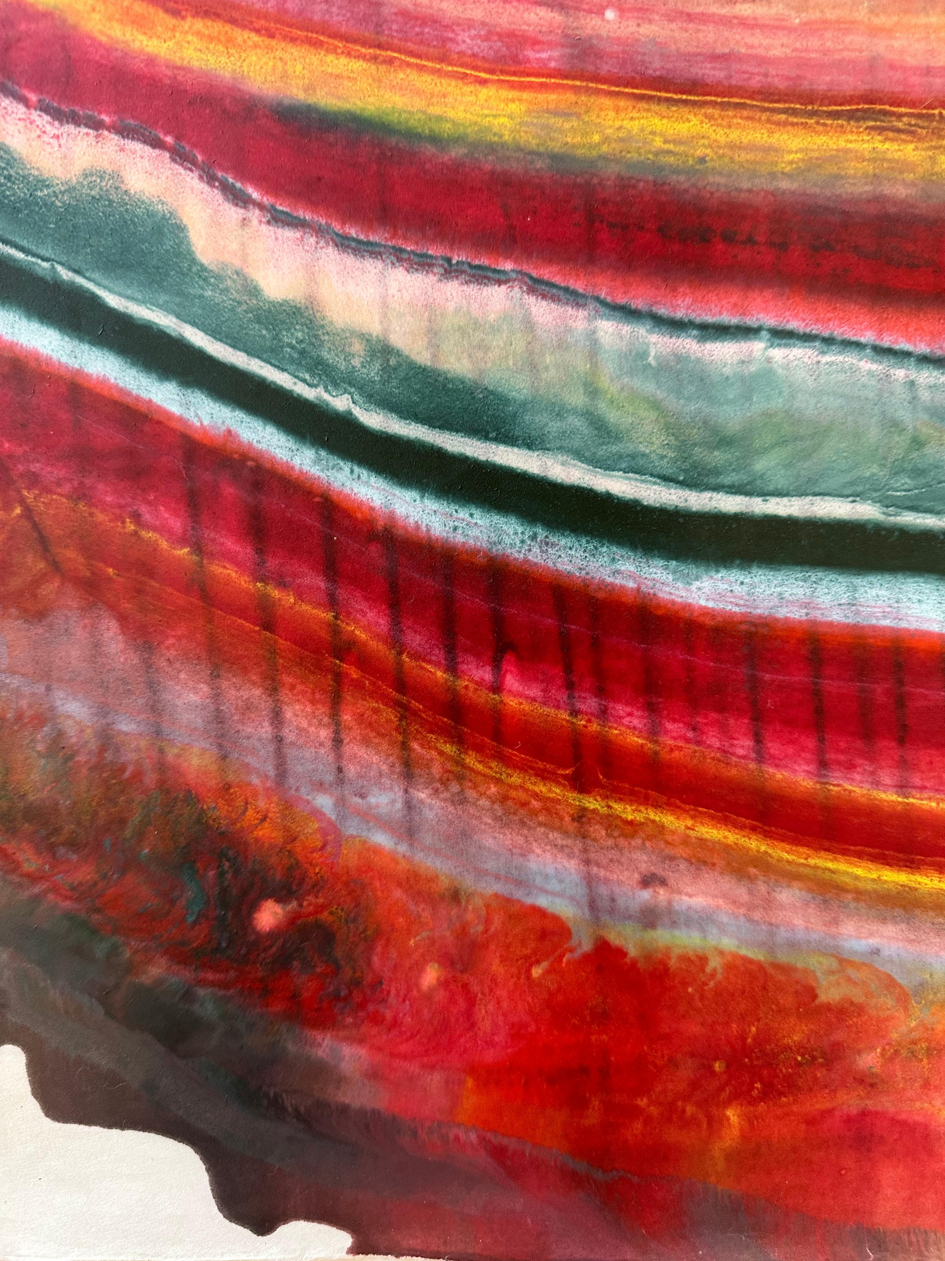 Talking to Rocks 23, Magenta Red, Sky Blue, Orange Abstract Encaustic Monotype - Contemporary Print by Laura Moriarty
