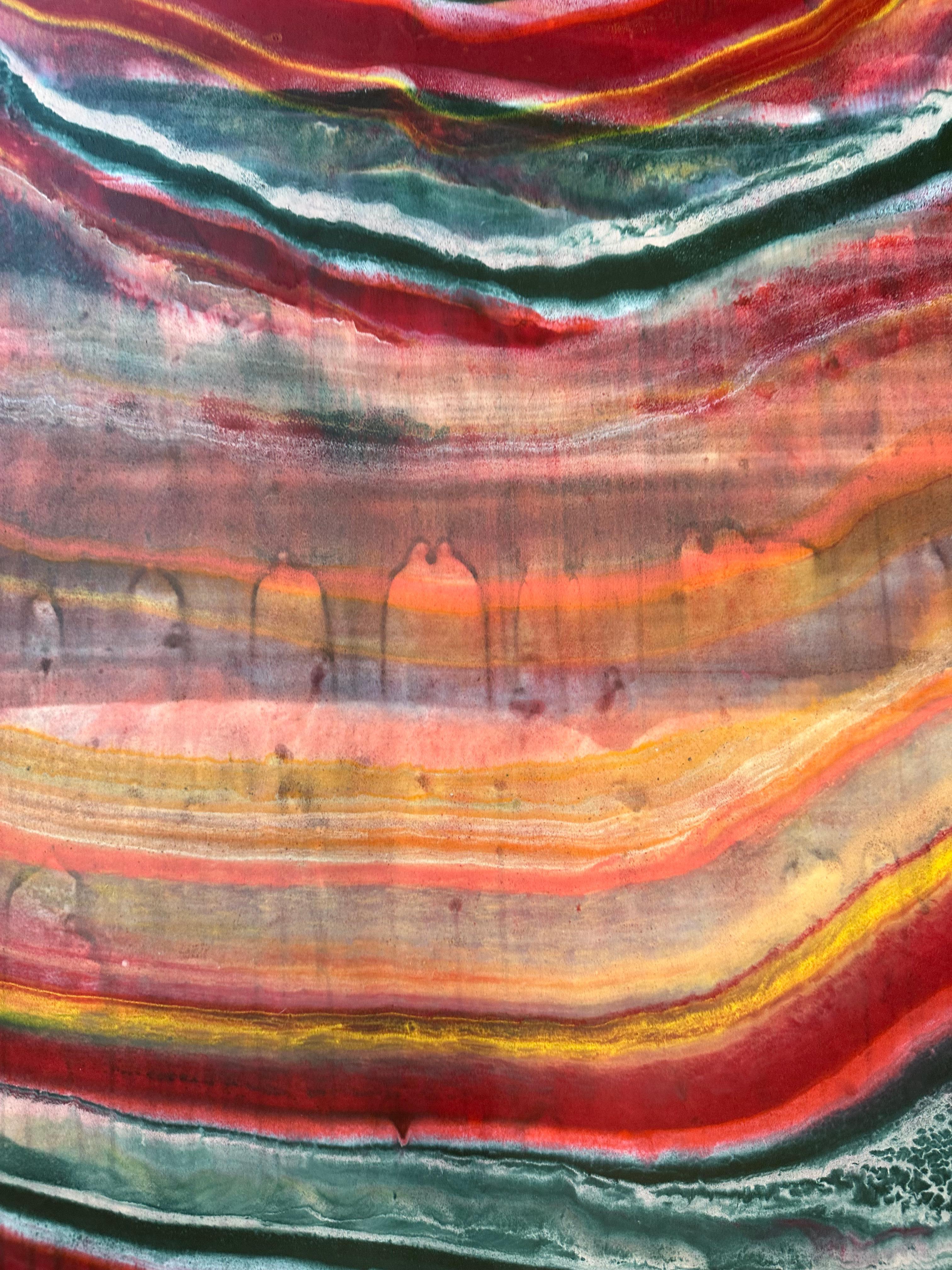 Talking to Rocks 23, Magenta Red, Sky Blue, Orange Abstract Encaustic Monotype For Sale 1