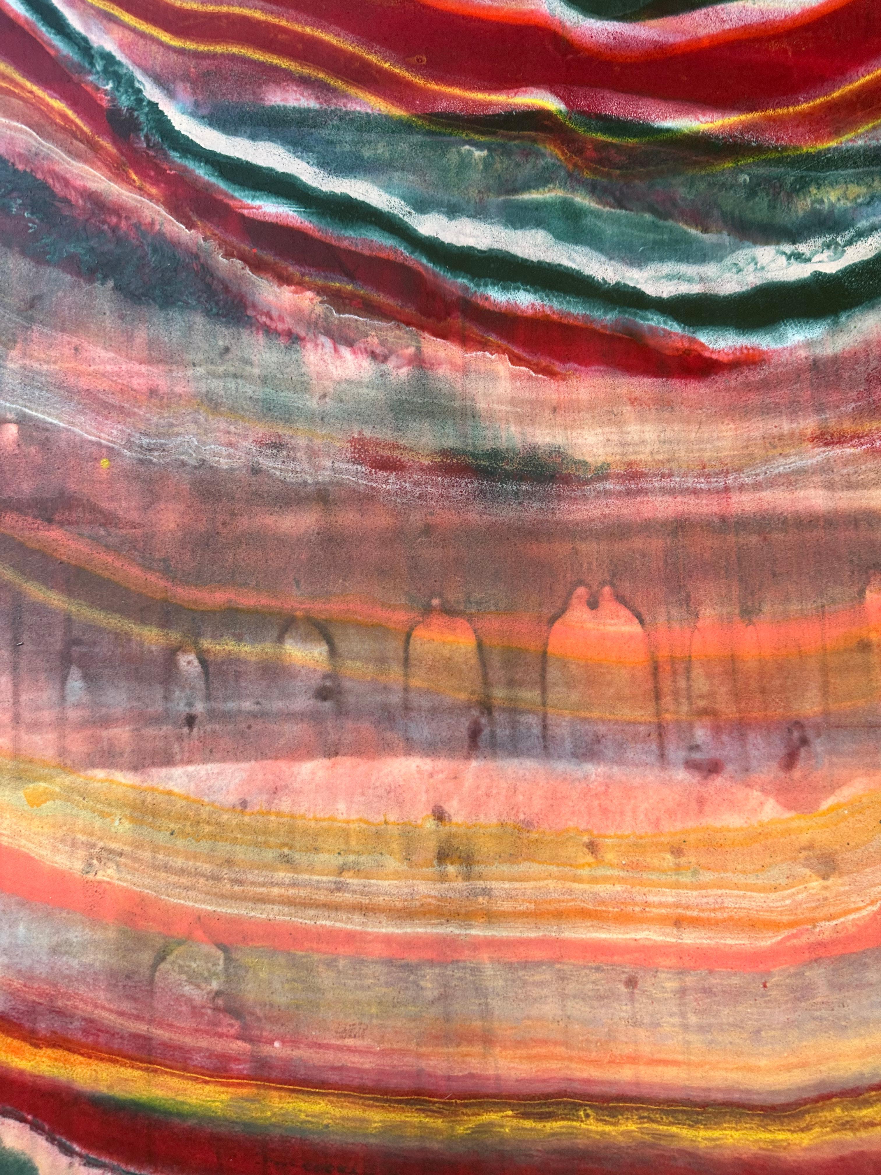 Talking to Rocks 23, Magenta Red, Sky Blue, Orange Abstract Encaustic Monotype For Sale 3