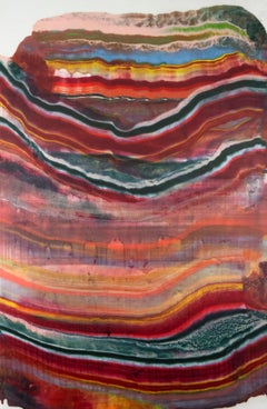 Talking to Rocks 23, Magenta Red, Sky Blue, Orange Abstract Encaustic Monotype