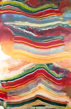 Talking to Rocks 25, Magenta Red, Green, Yellow Abstract Encaustic Monotype