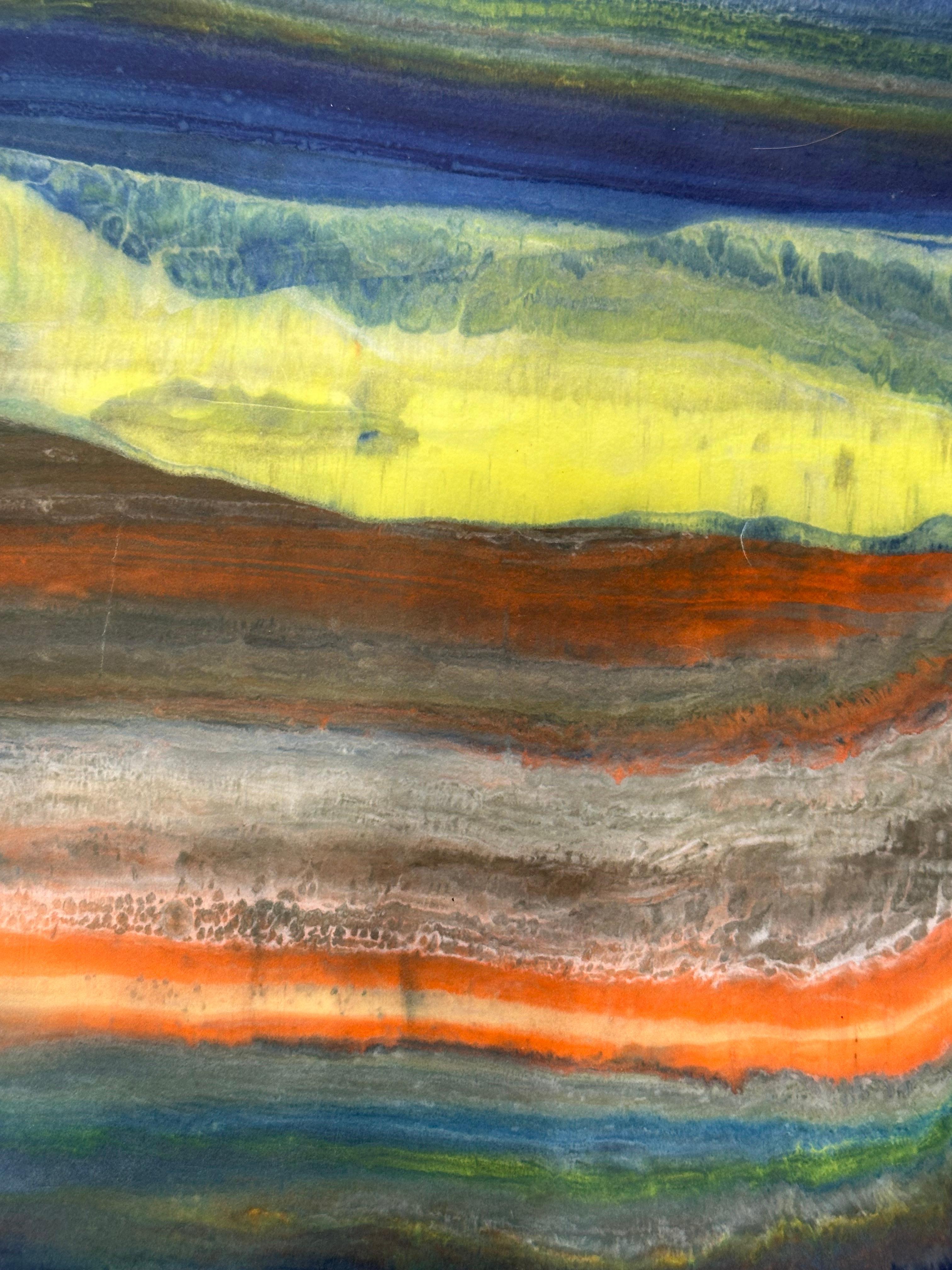 Parler aux rochers 27, bleu marine, orange, jaune citron, Brown Monotype à l'encaustique - Contemporain Print par Laura Moriarty