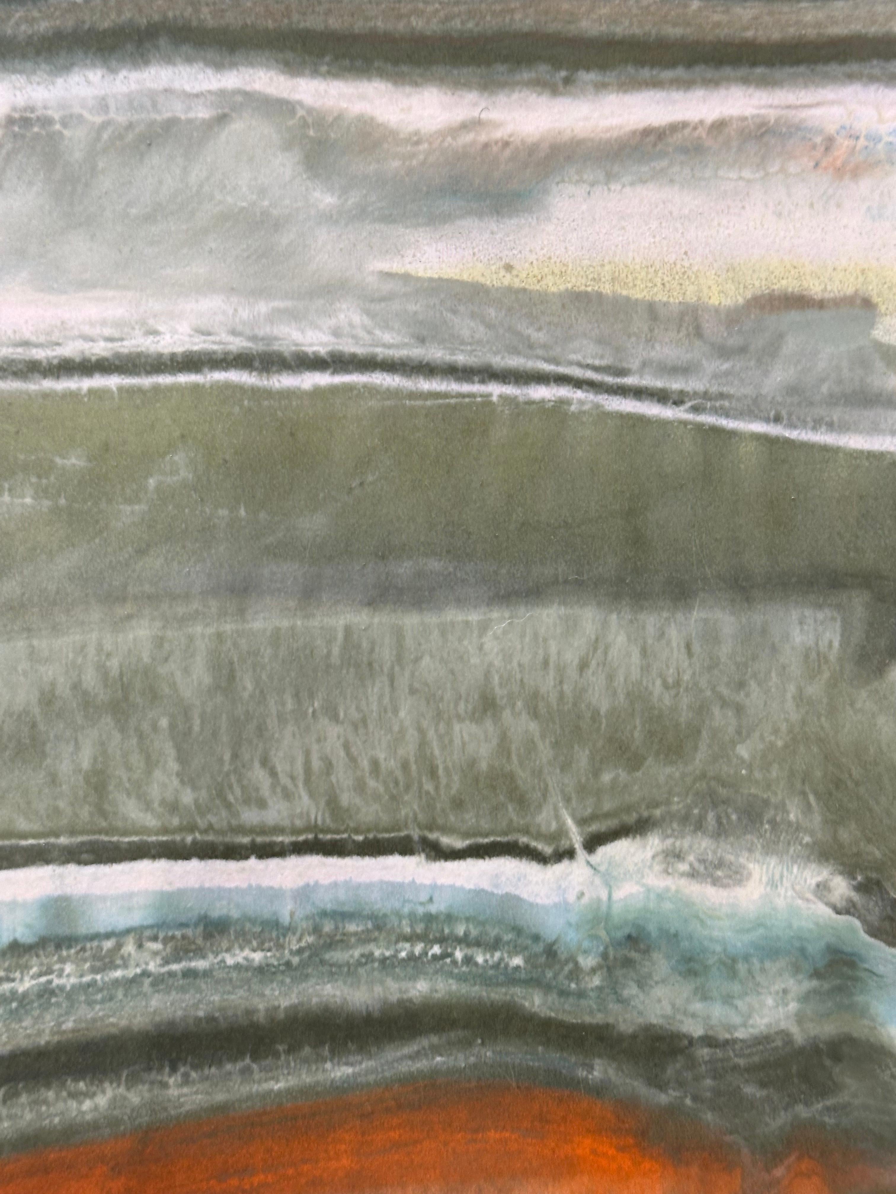 Laura Moriarty's Talking to Rocks 27 is a multicolored encaustic monotype on kozo paper. Layers of pigmented beeswax on lightweight paper create an undulating composition suggesting layers of the earth's crust and geological formations depicted in
