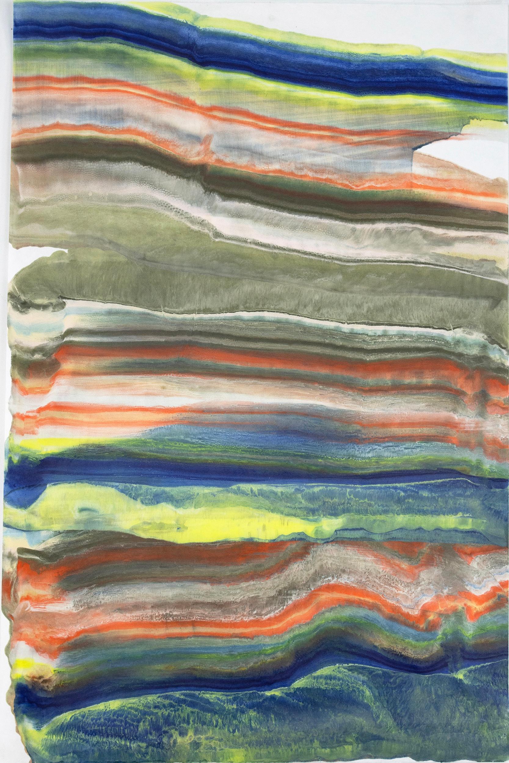 Abstract Print Laura Moriarty - Parler aux rochers 27, bleu marine, orange, jaune citron, Brown Monotype à l'encaustique