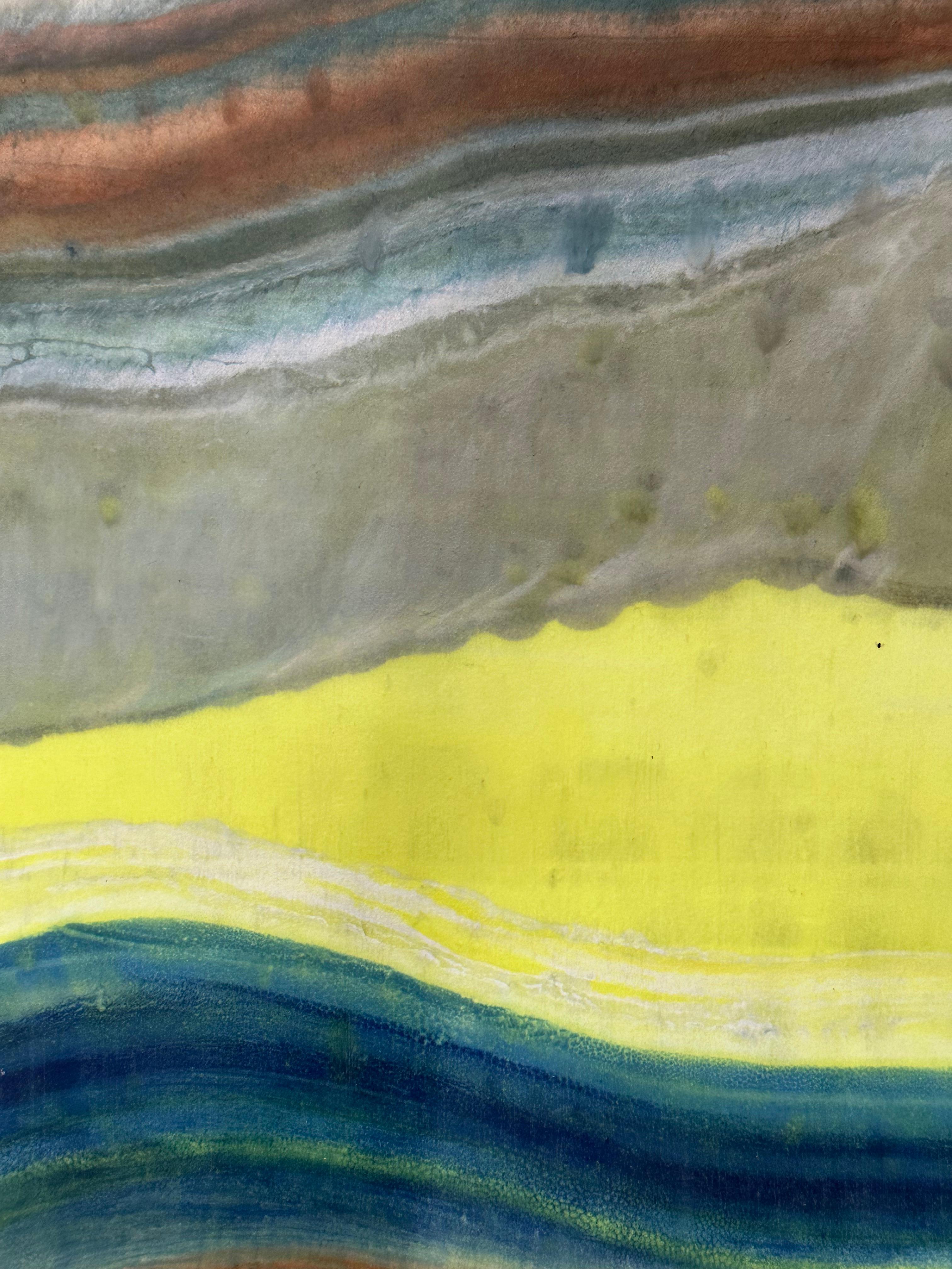 Parler aux rochers 28, bleu marine, jaune citron, brun orange Monotype à l'encaustique - Contemporain Print par Laura Moriarty