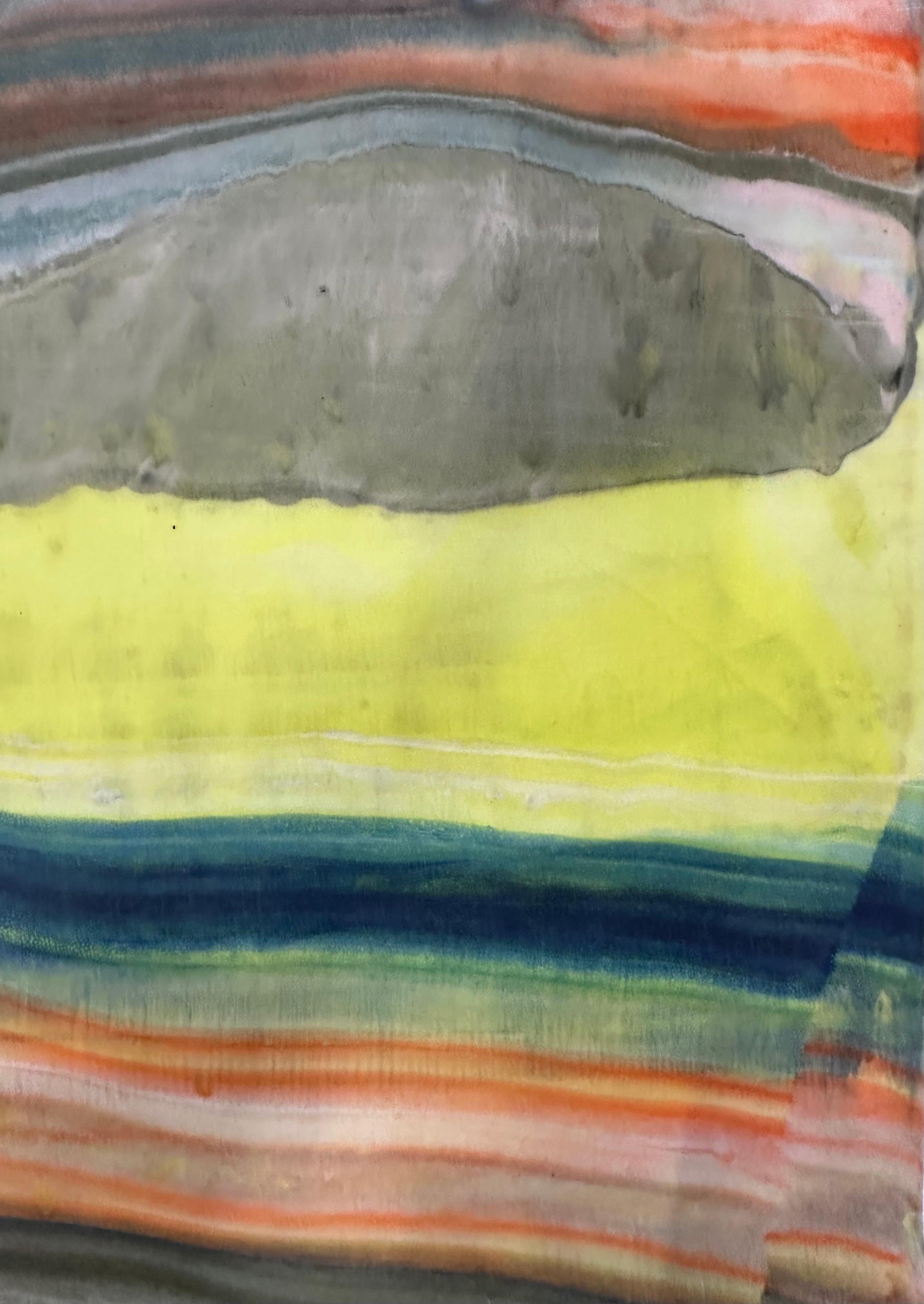 Laura Moriarty's Talking to Rocks 28 is a multicolored encaustic monotype on kozo paper. Layers of pigmented beeswax on lightweight paper create an undulating composition suggesting layers of the earth's crust and geological formations depicted in
