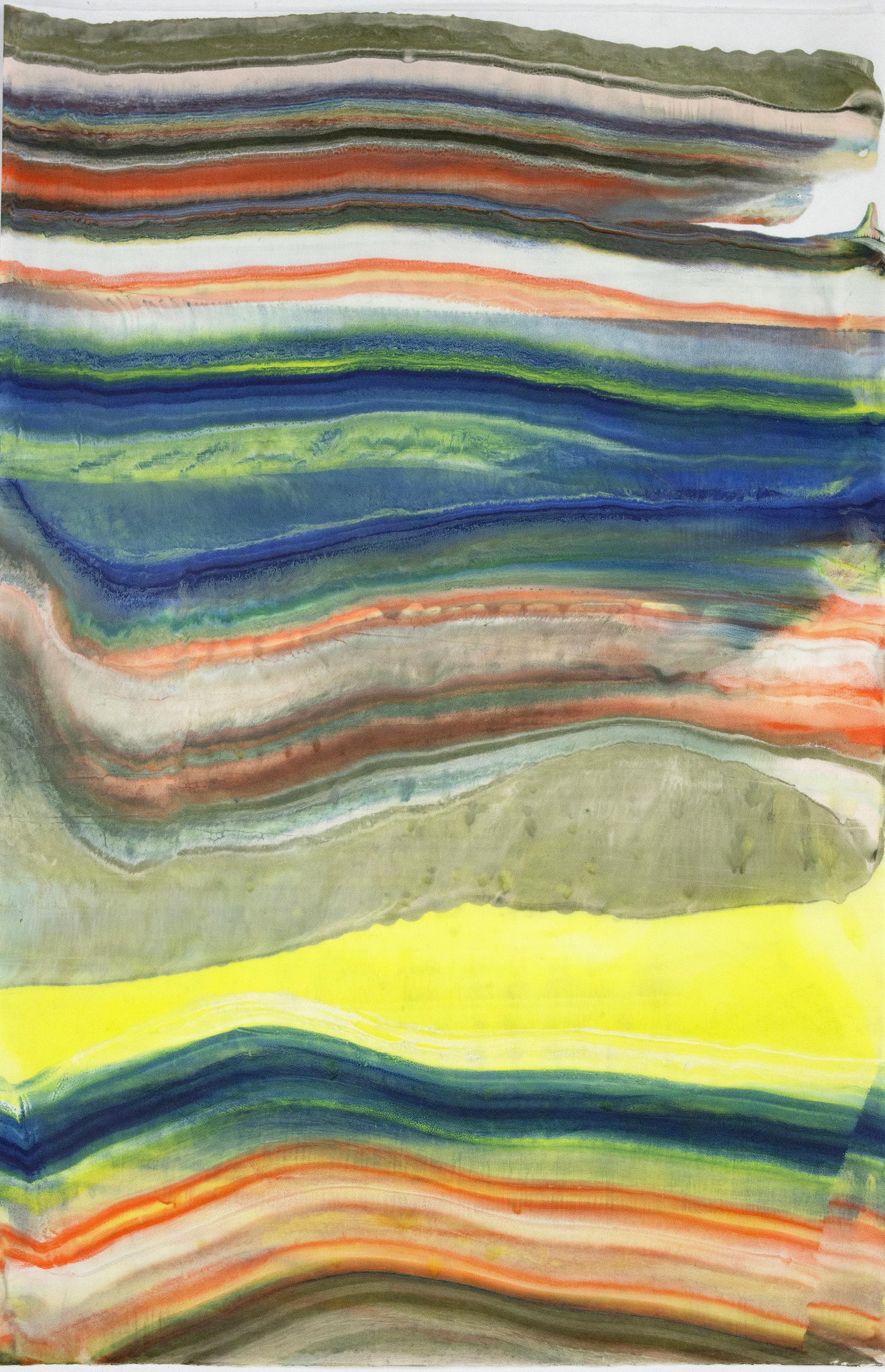 Abstract Print Laura Moriarty - Parler aux rochers 28, bleu marine, jaune citron, brun orange Monotype à l'encaustique