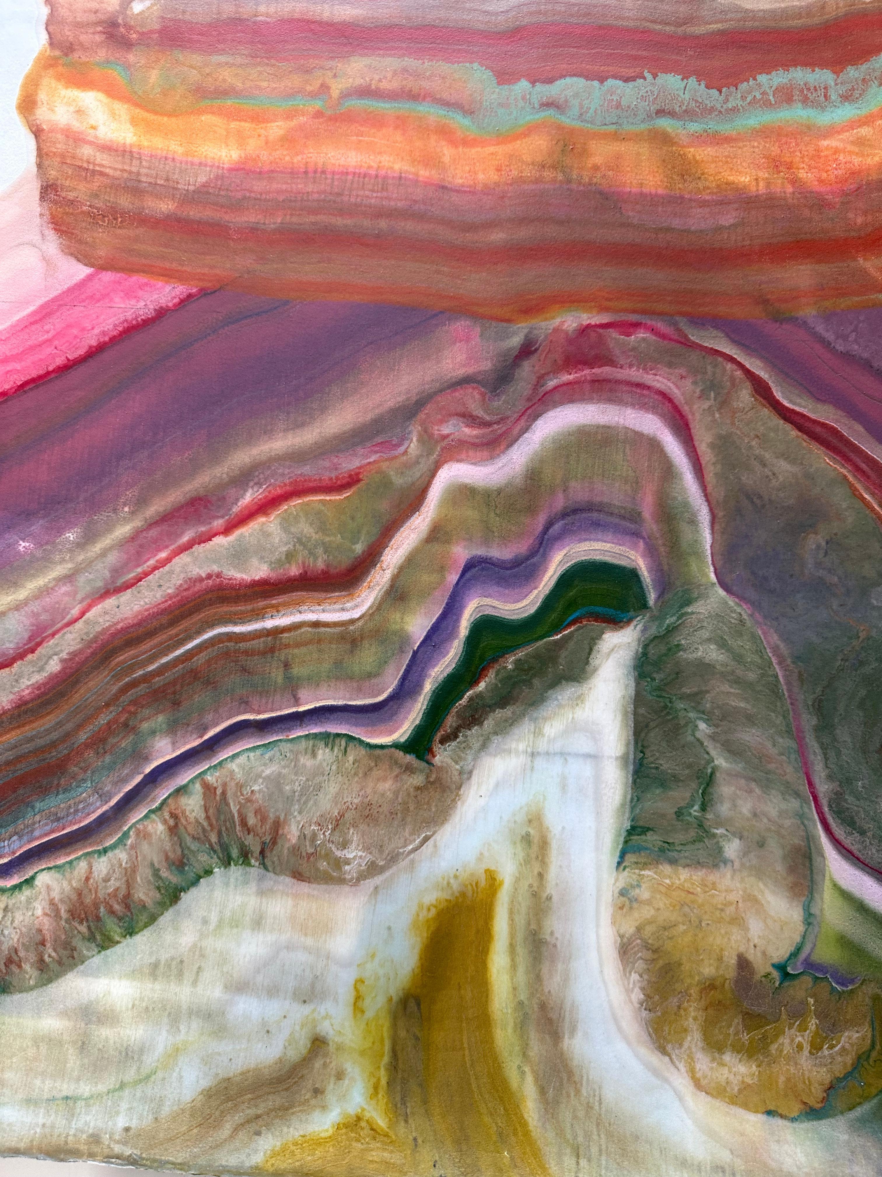 Talking to Rocks 31, Pink, Green, Saffron Orange, Yellow Encaustic Monotype - Contemporary Print by Laura Moriarty