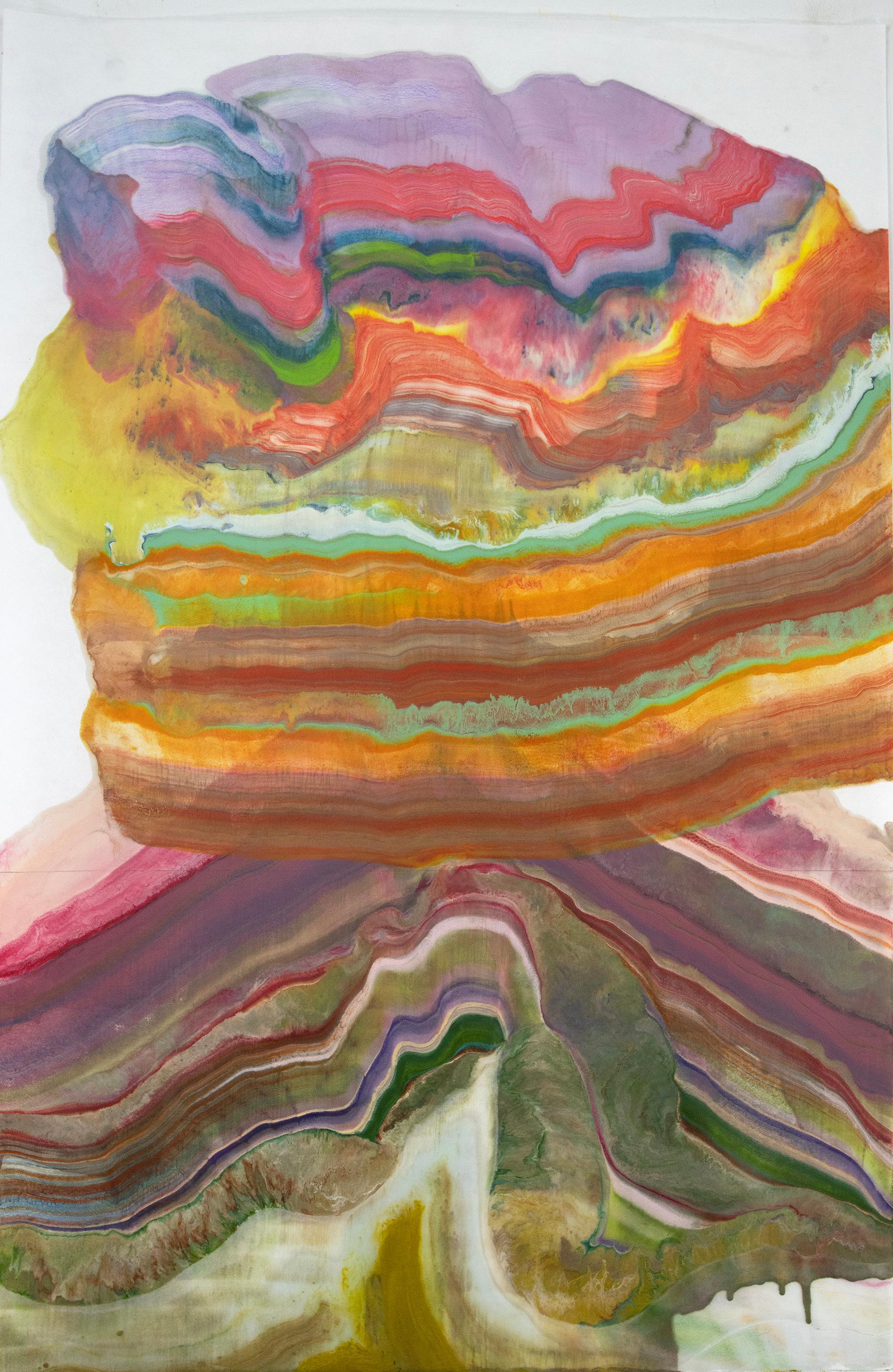 Laura Moriarty Abstract Print - Talking to Rocks 31, Pink, Green, Saffron Orange, Yellow Encaustic Monotype