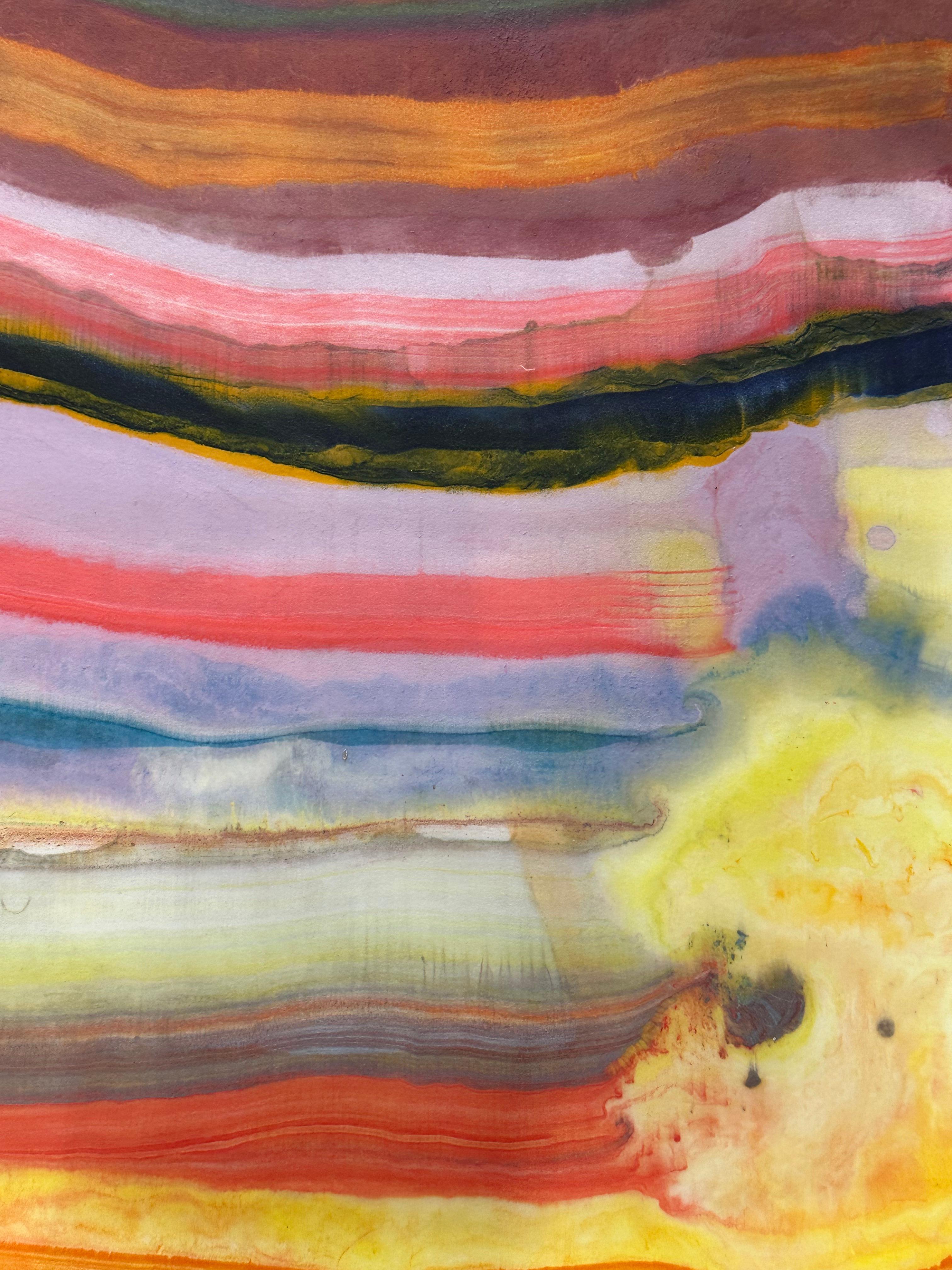 Talking to Rocks 32, Pink, Green, Saffron Orange, Yellow Encaustic Monotype - Contemporary Print by Laura Moriarty