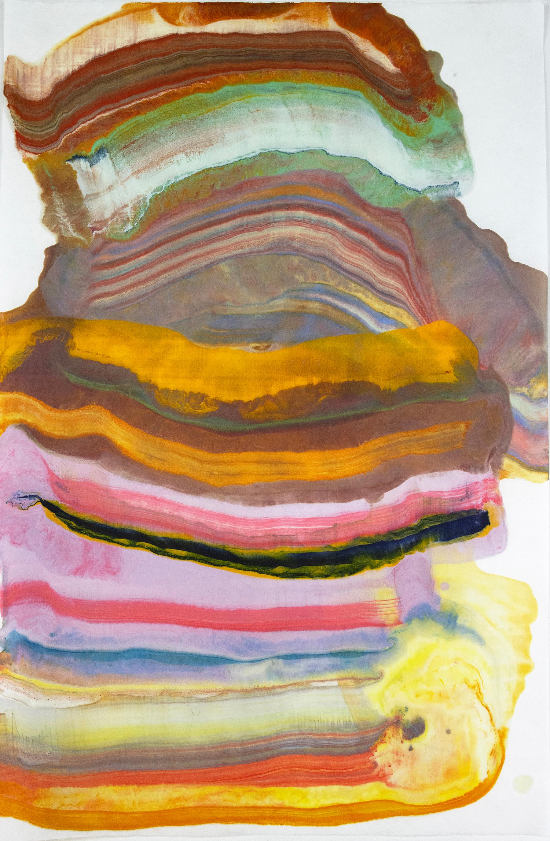 Abstract Print Laura Moriarty - Talking to Rocks 32, rose, vert, orange safran, jaune monotype à l'encaustique
