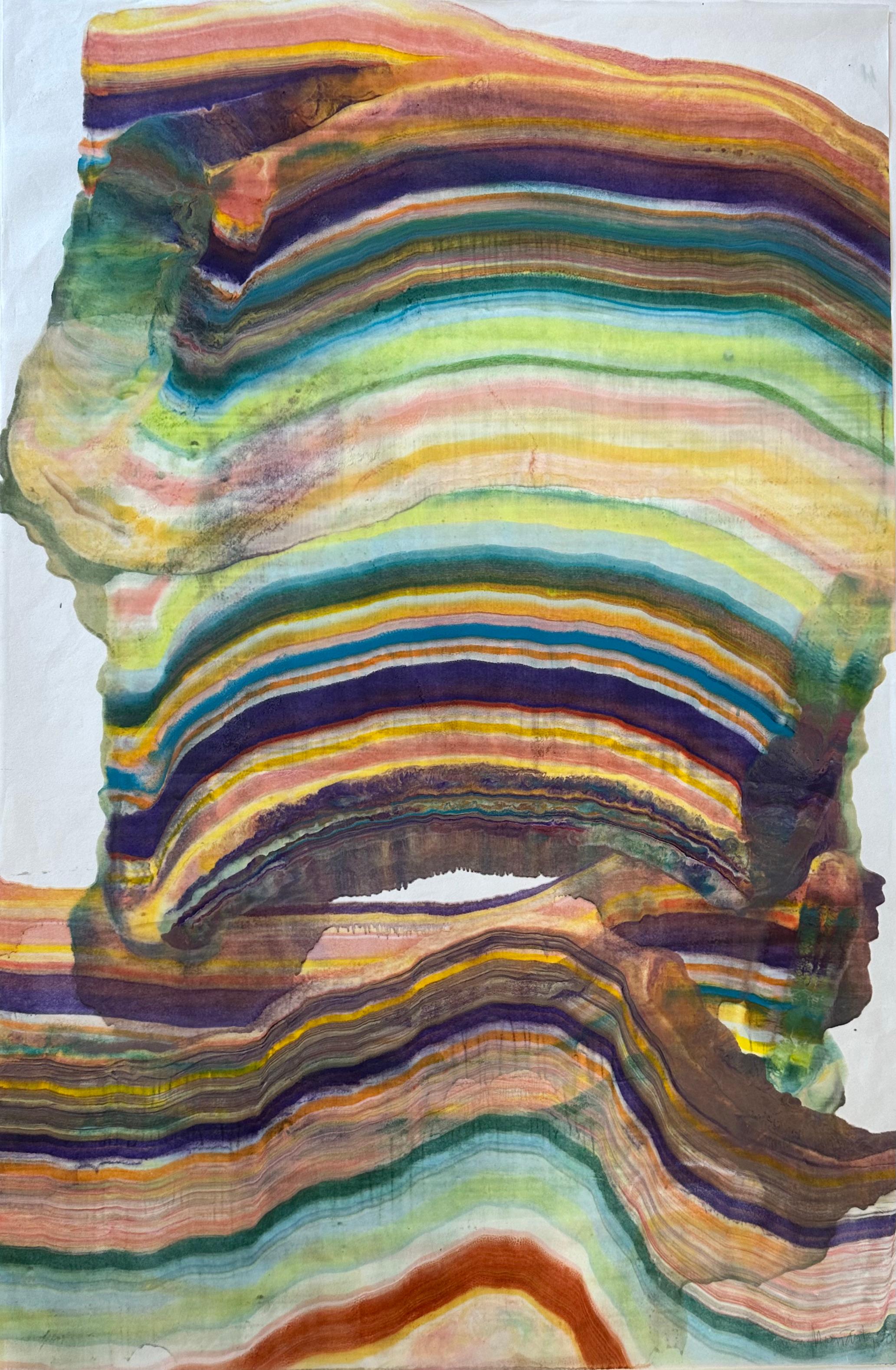 Talking to Rocks Five, Lime Green, Dark Violet, Orange, Encaustic Monotype - Print by Laura Moriarty