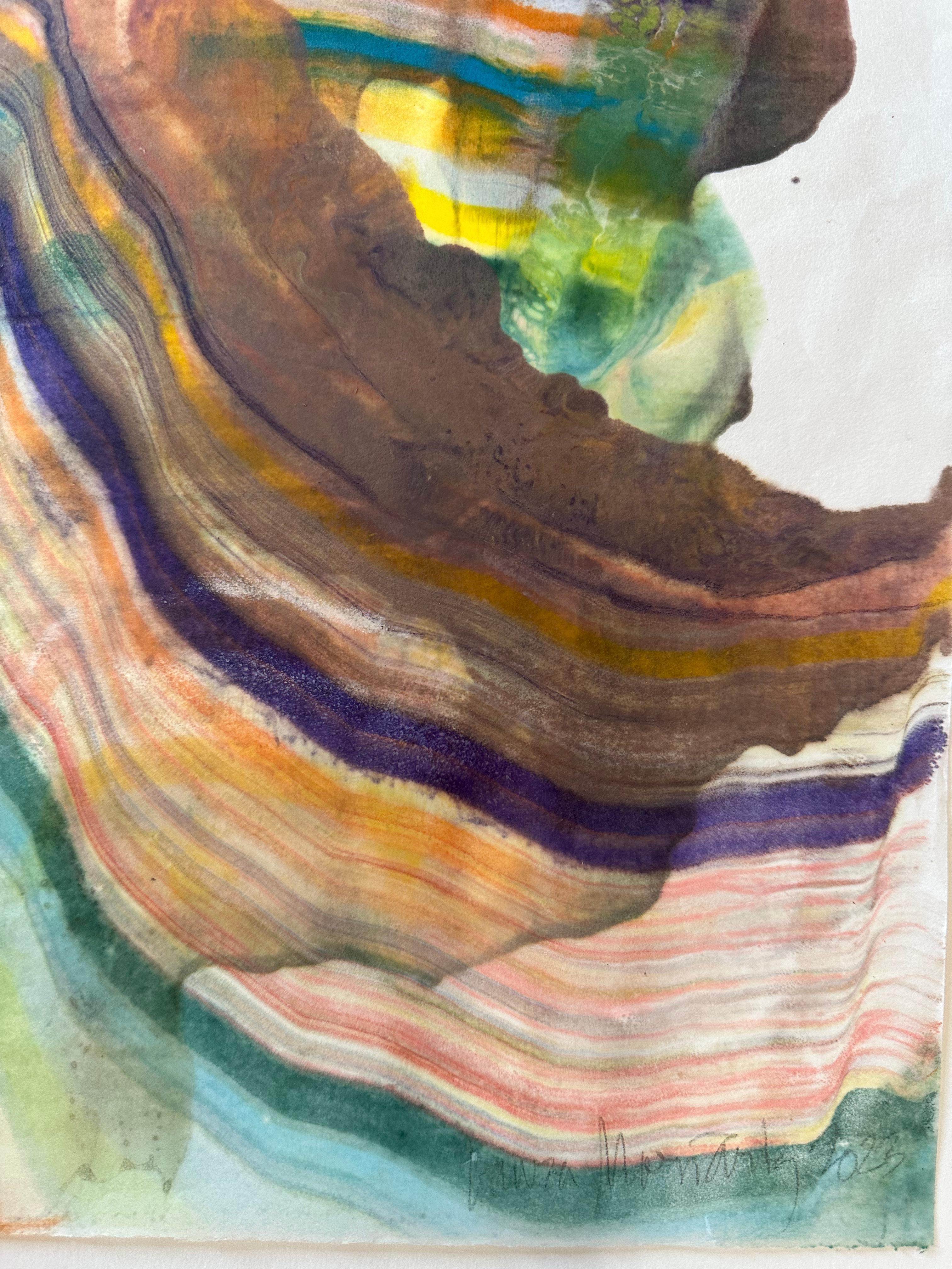 Talking to Rocks Five, Lime Green, Dark Violet, Orange, Encaustic Monotype For Sale 2