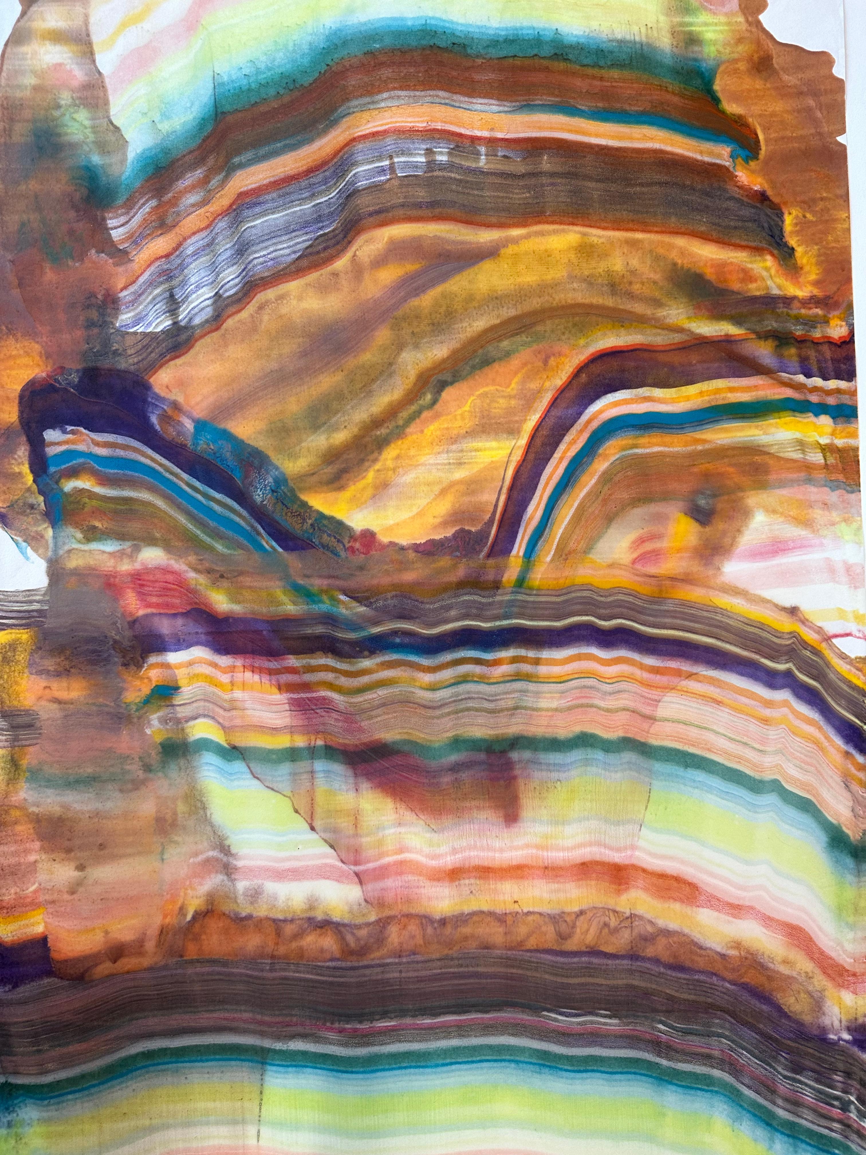 Talking to Rocks Three, Yellow Ochre, Green, Violet, Orange, Encaustic Monotype - Print by Laura Moriarty