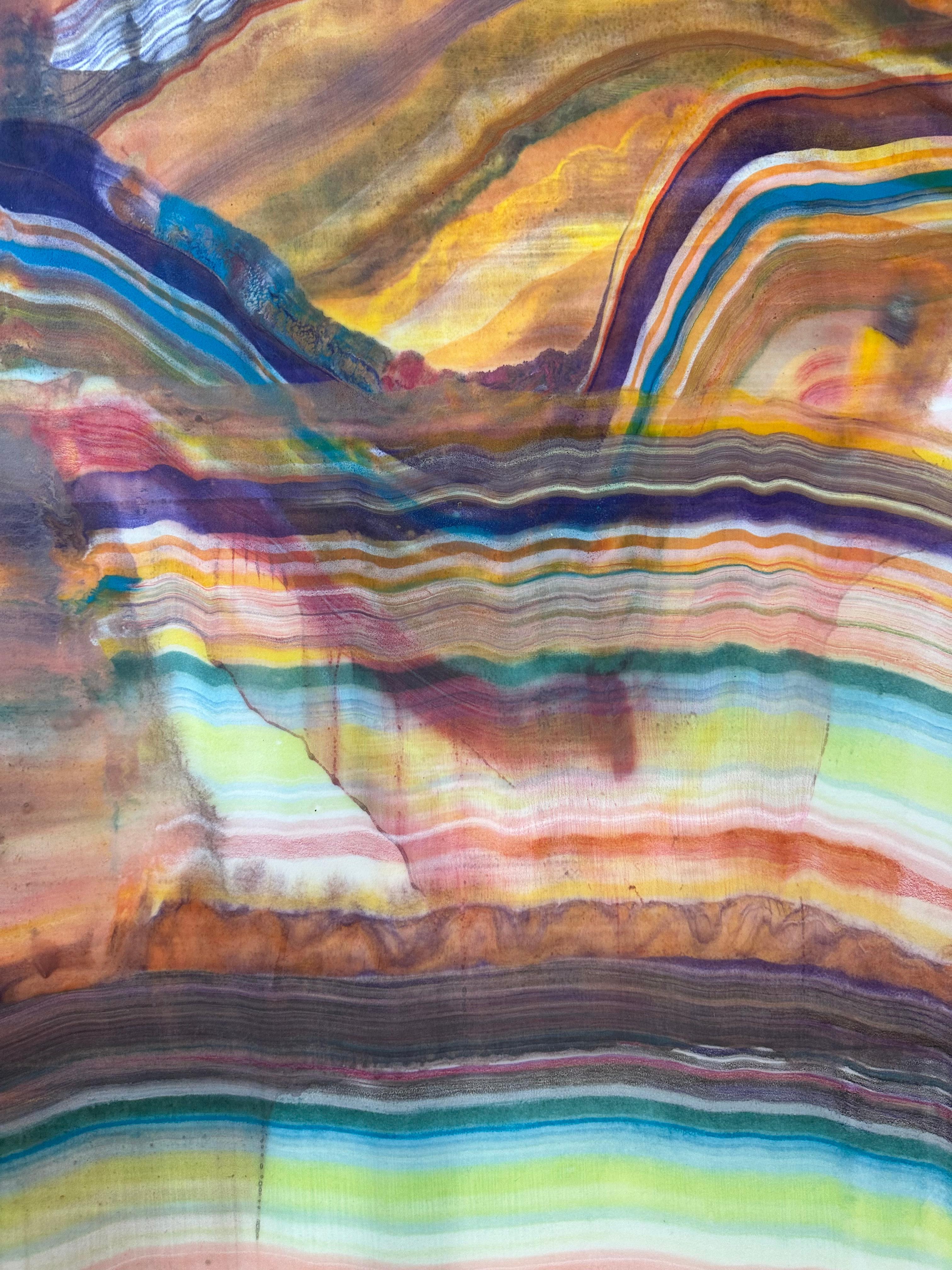Talking to Rocks Three, Yellow Ochre, Green, Violet, Orange, Encaustic Monotype - Contemporary Print by Laura Moriarty