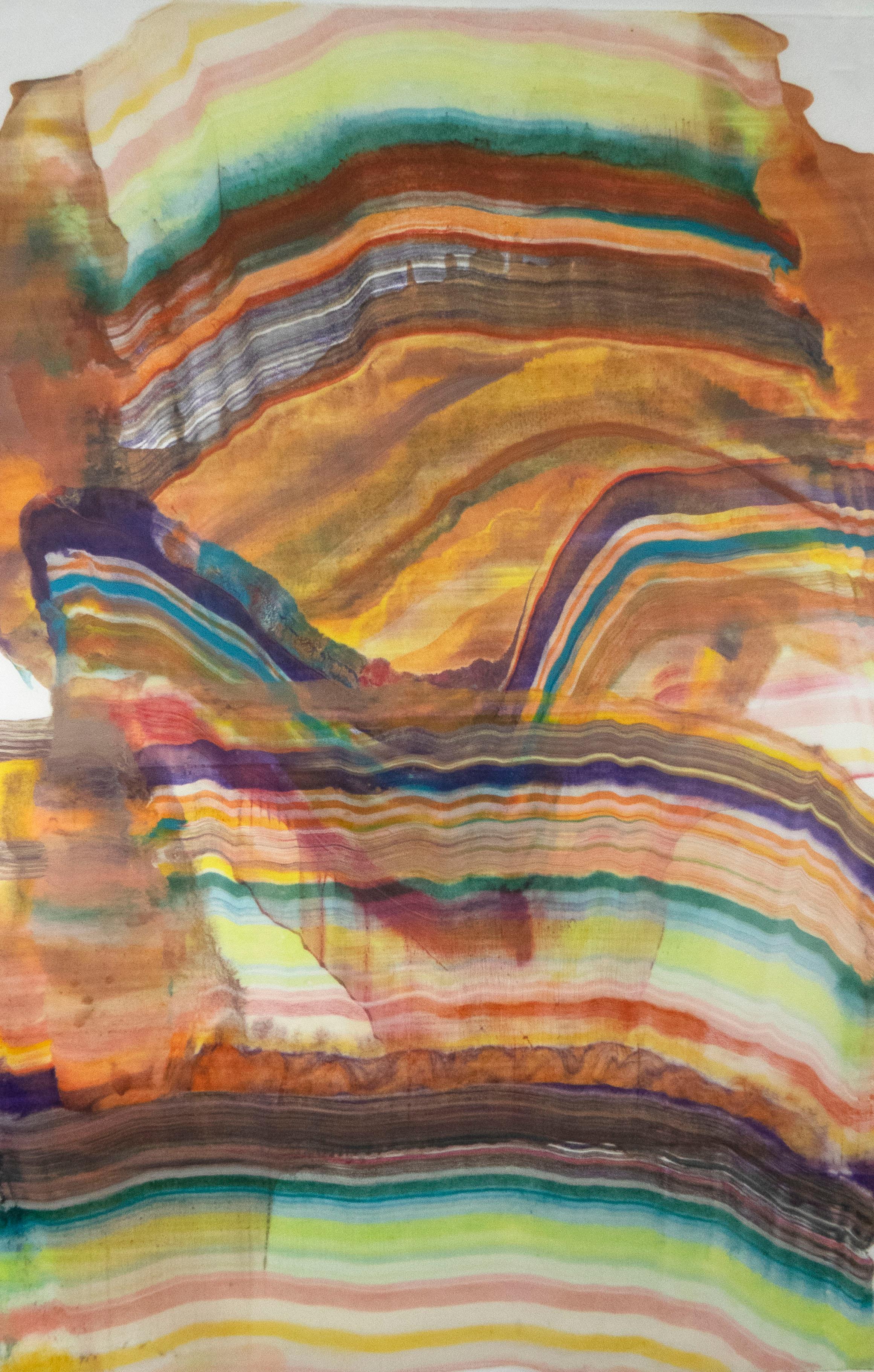 Talking to Rocks Three, Yellow Ochre, Green, Violet, Orange, Encaustic Monotype