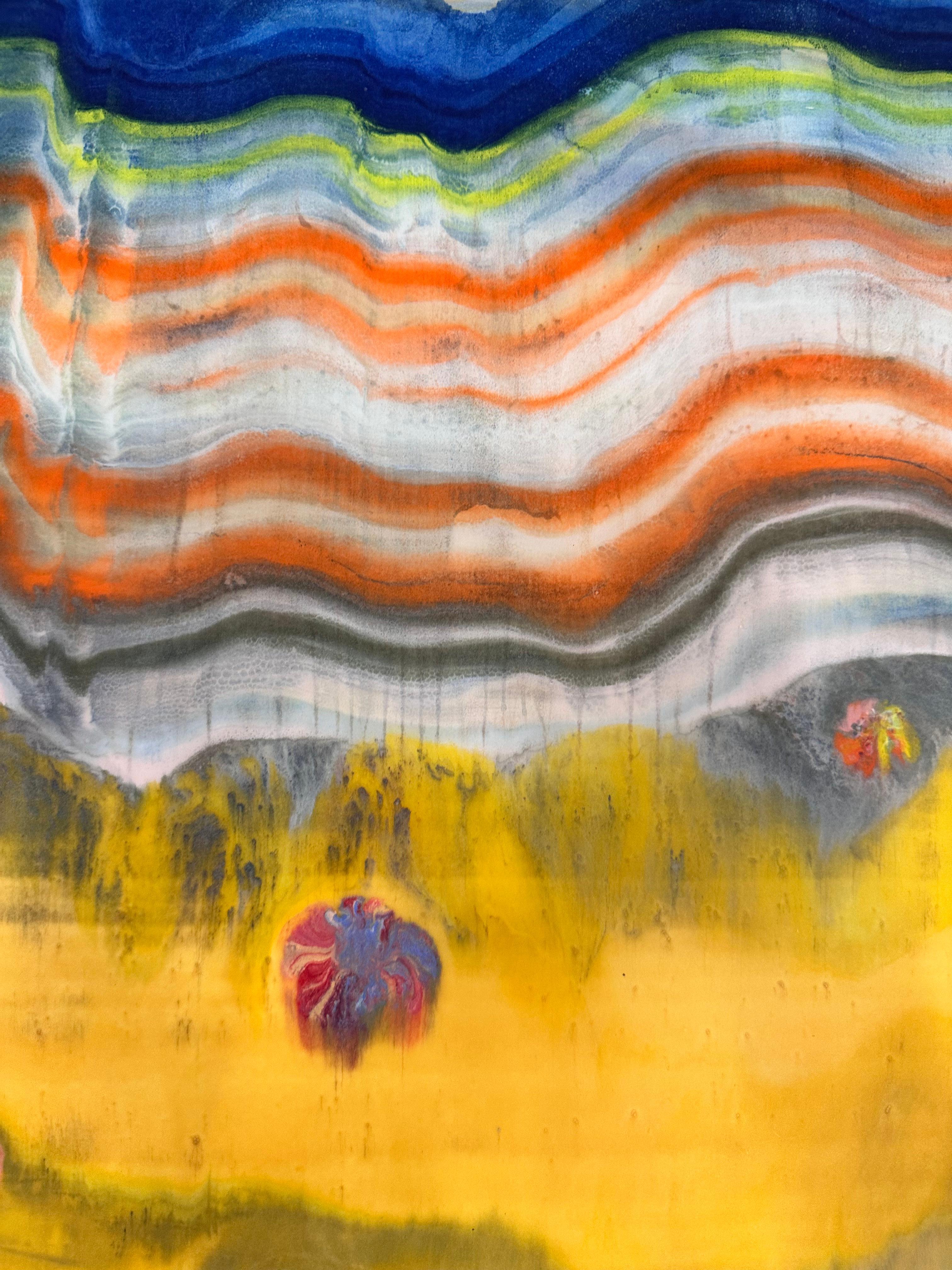 Coagulations temporaires - Monotype géologique contemporain à l'encaustique Jaune, 2024. - Contemporain Print par Laura Moriarty