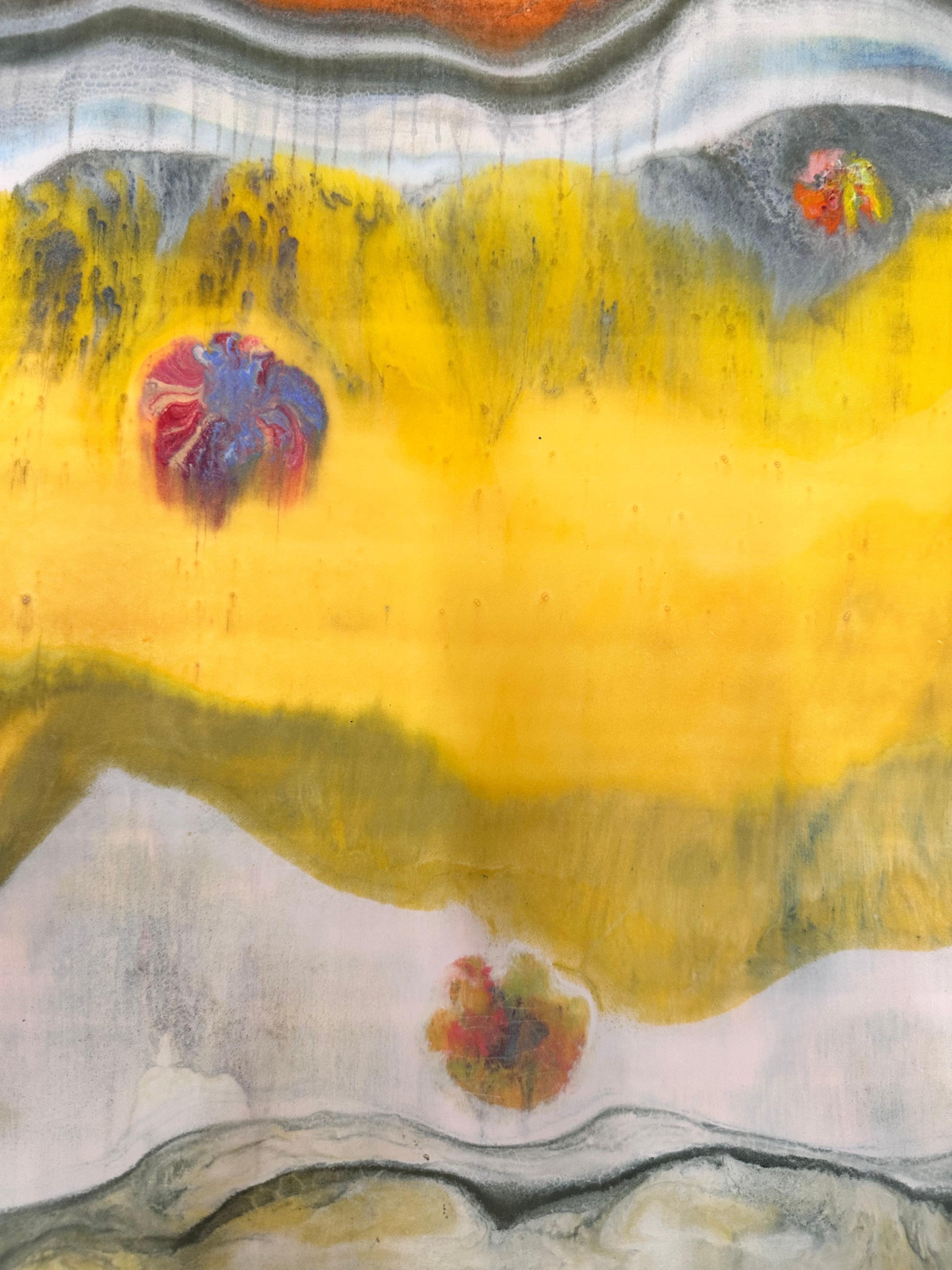 Coagulations temporaires - Monotype géologique contemporain à l'encaustique Jaune, 2024. - Marron Abstract Print par Laura Moriarty