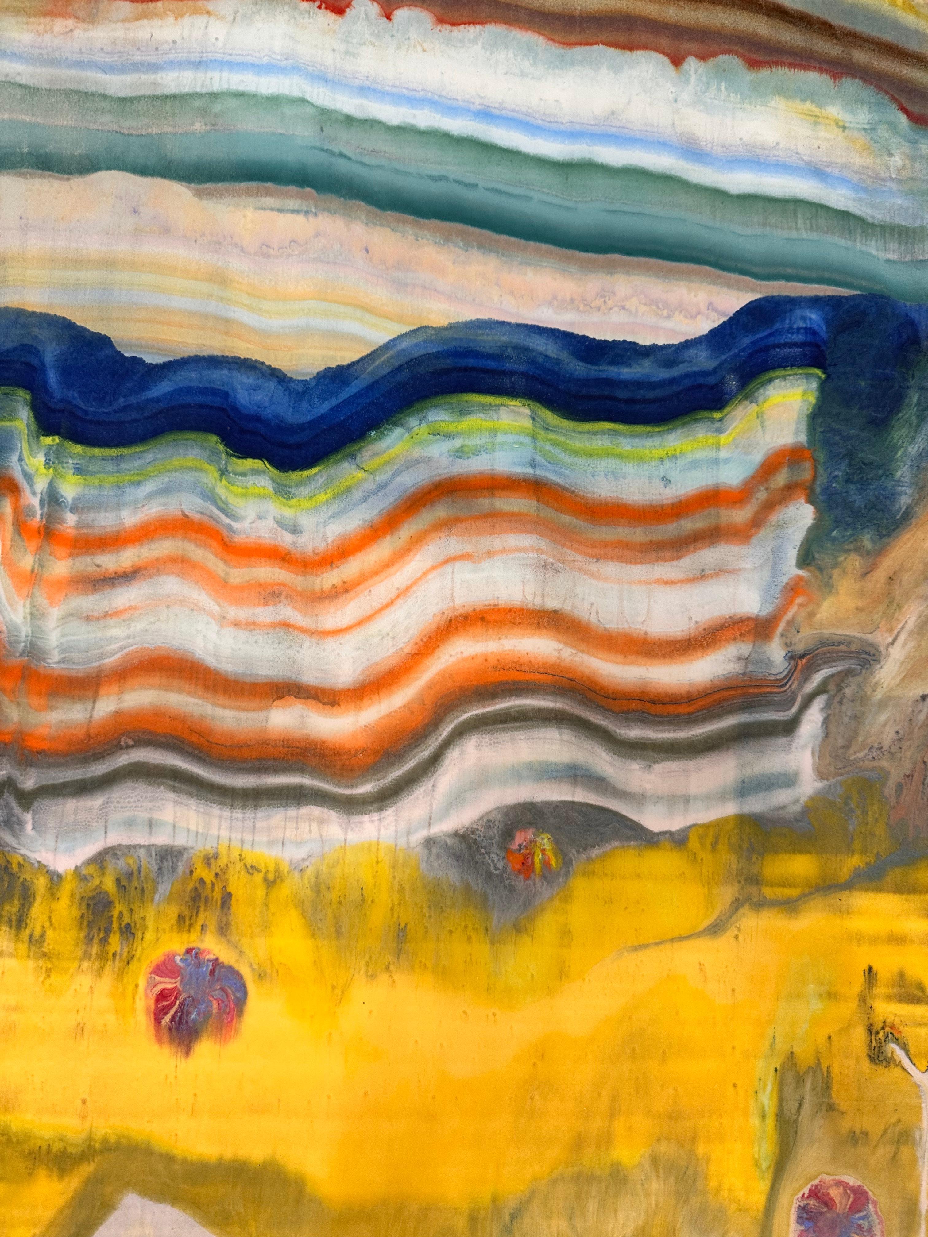 Coagulations temporaires - Monotype géologique contemporain à l'encaustique Jaune, 2024. 1