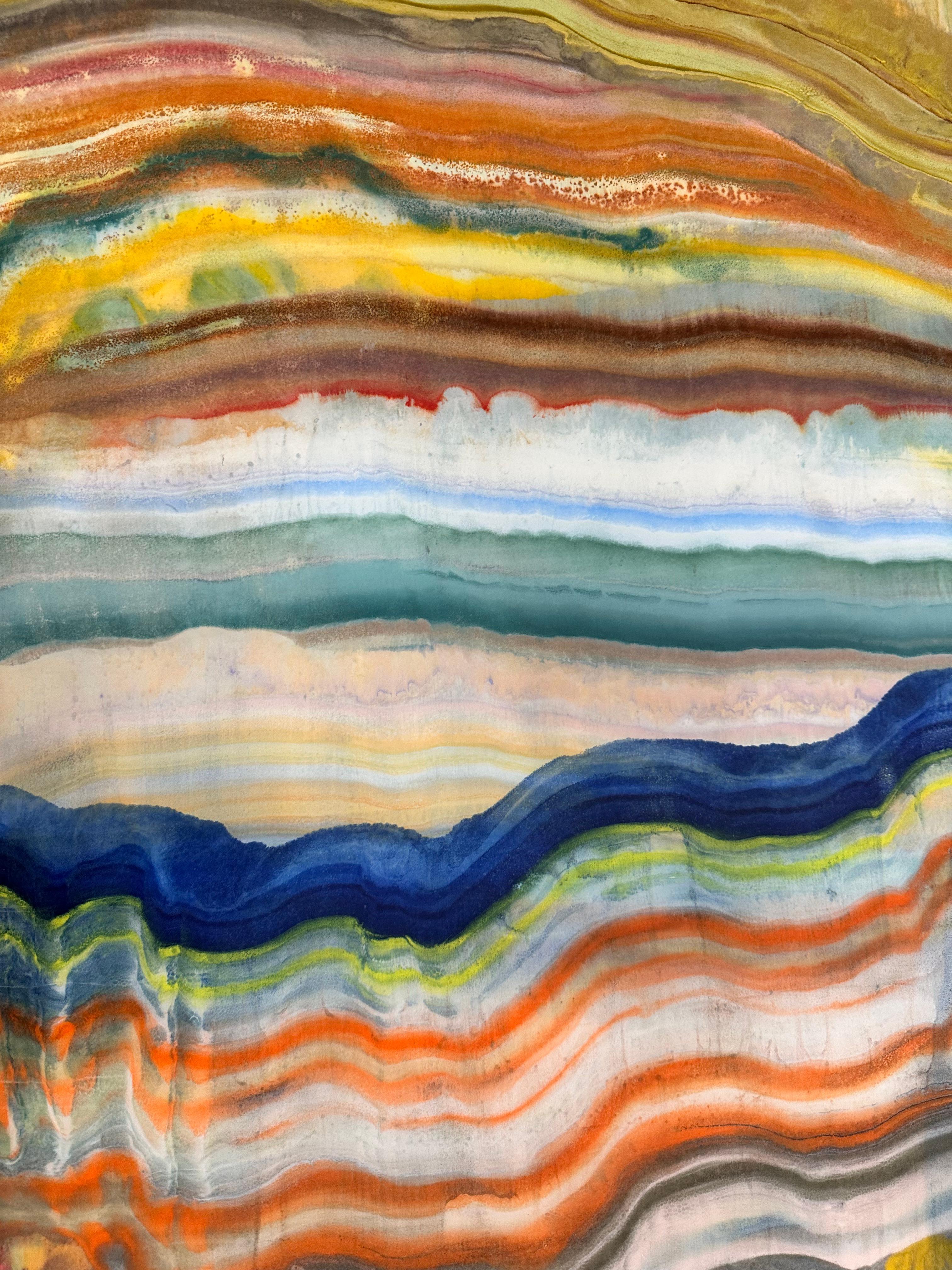 Coagulations temporaires - Monotype géologique contemporain à l'encaustique Jaune, 2024. 2