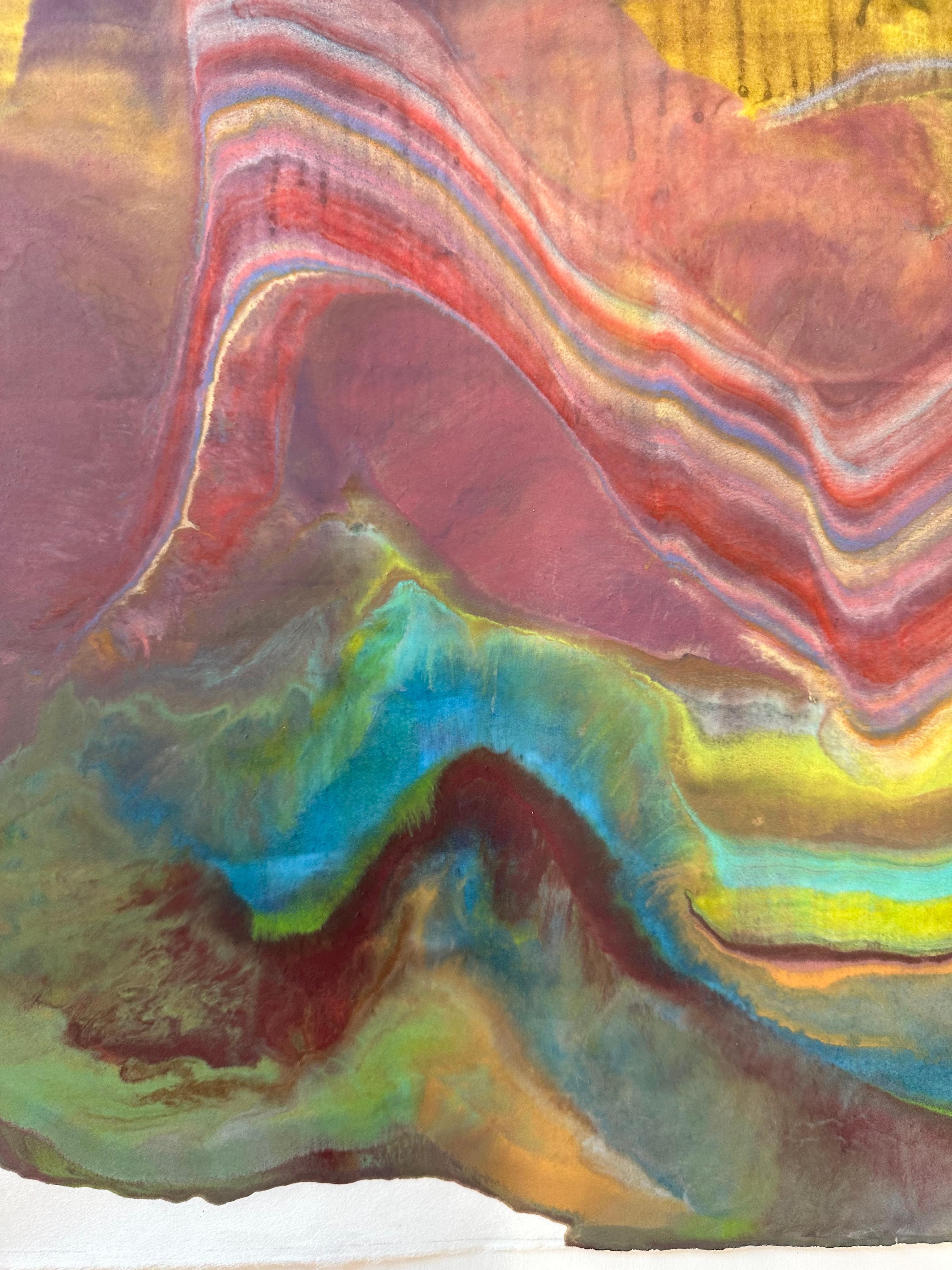 Layers of pigmented beeswax on lightweight paper create an undulating composition suggesting layers of the earth's crust and geological formations depicted light pink, green, yellow, teal blue, salmon, dusty rose, brown, and ochre.

Laura Moriarty