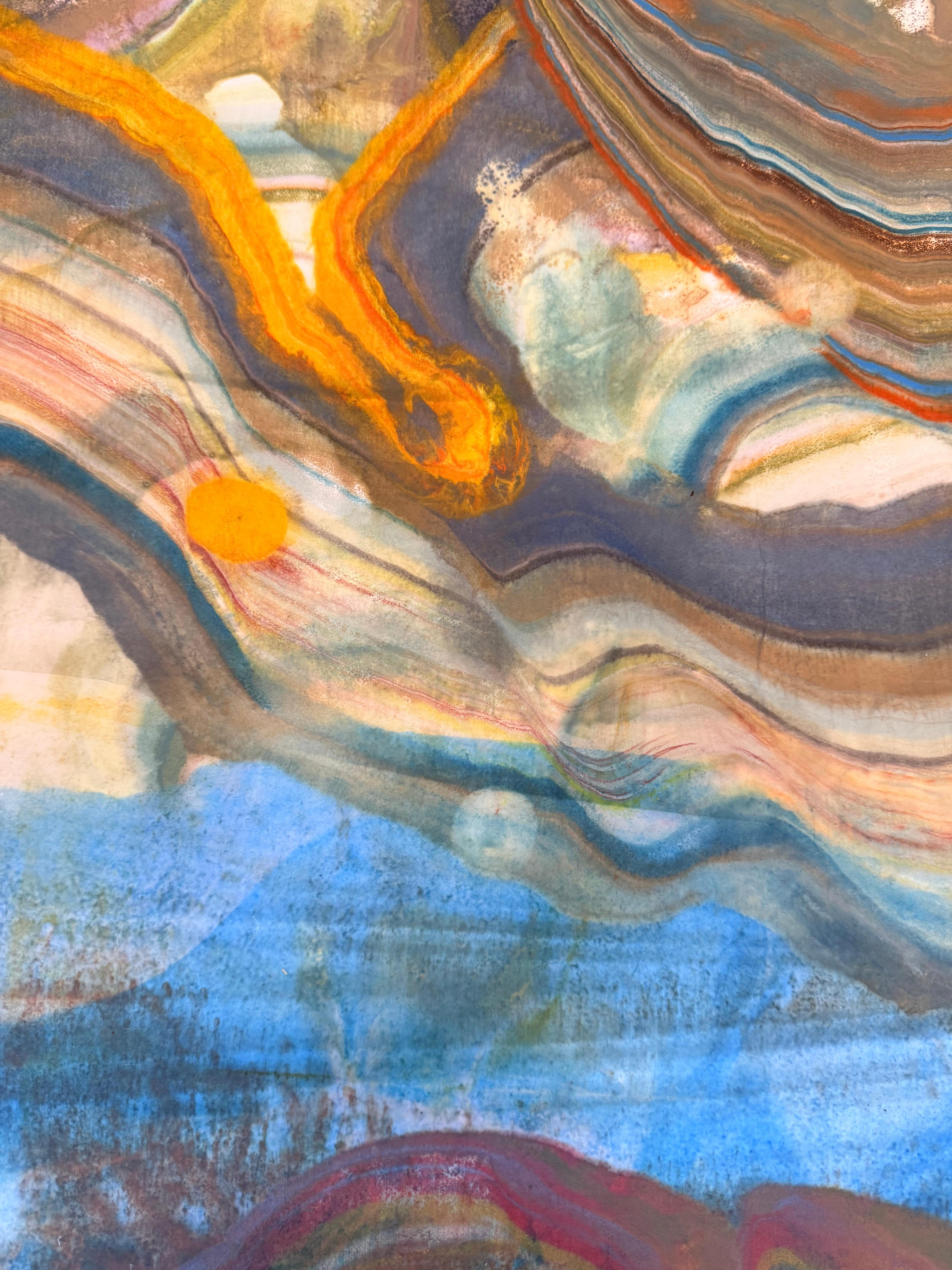 Cueva submarina - Geología abstracta Monotipo encáustico Azul Verde Amarillo, 2024 en venta 5