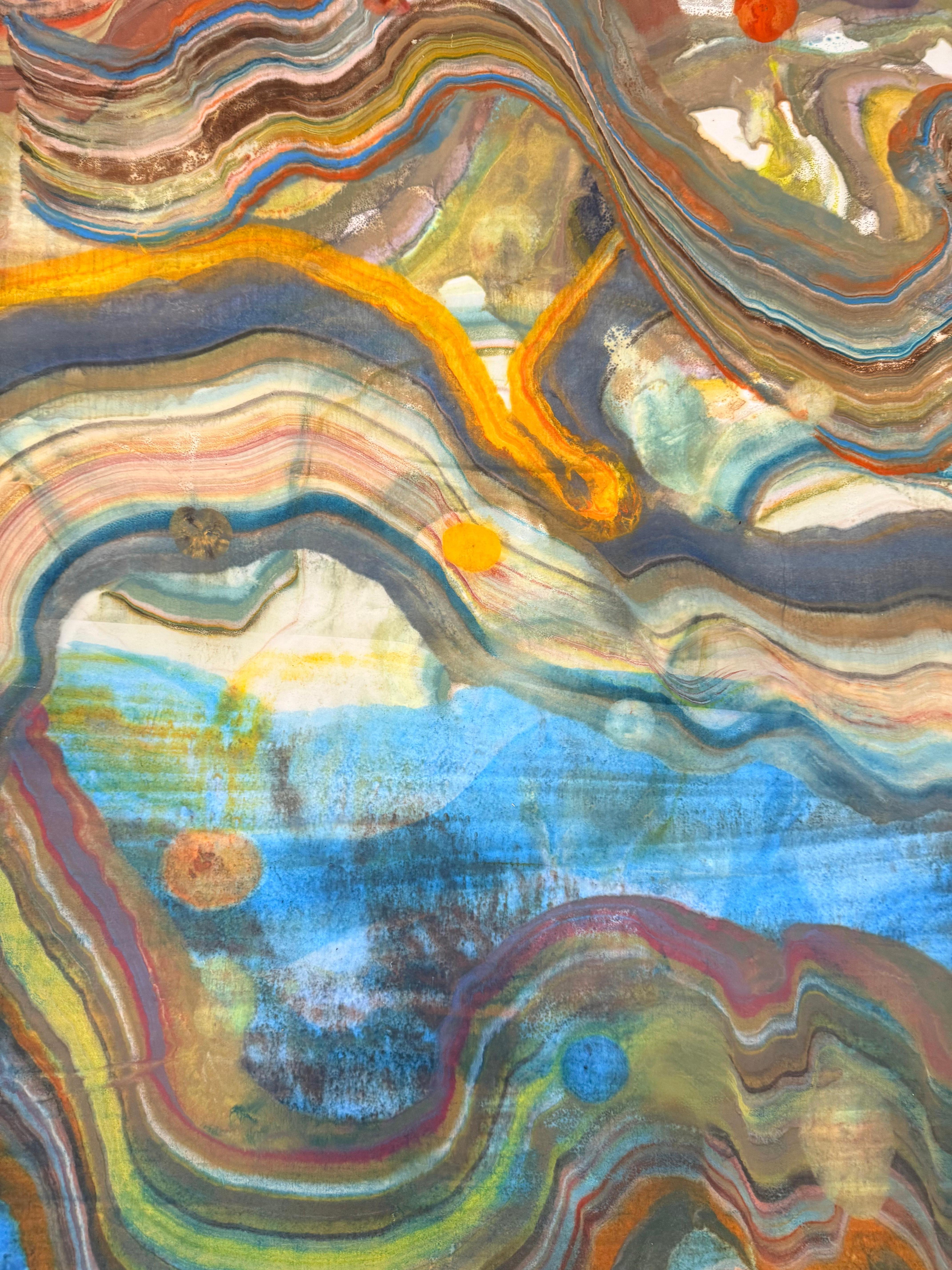 Cueva submarina - Geología abstracta Monotipo encáustico Azul Verde Amarillo, 2024 en venta 6