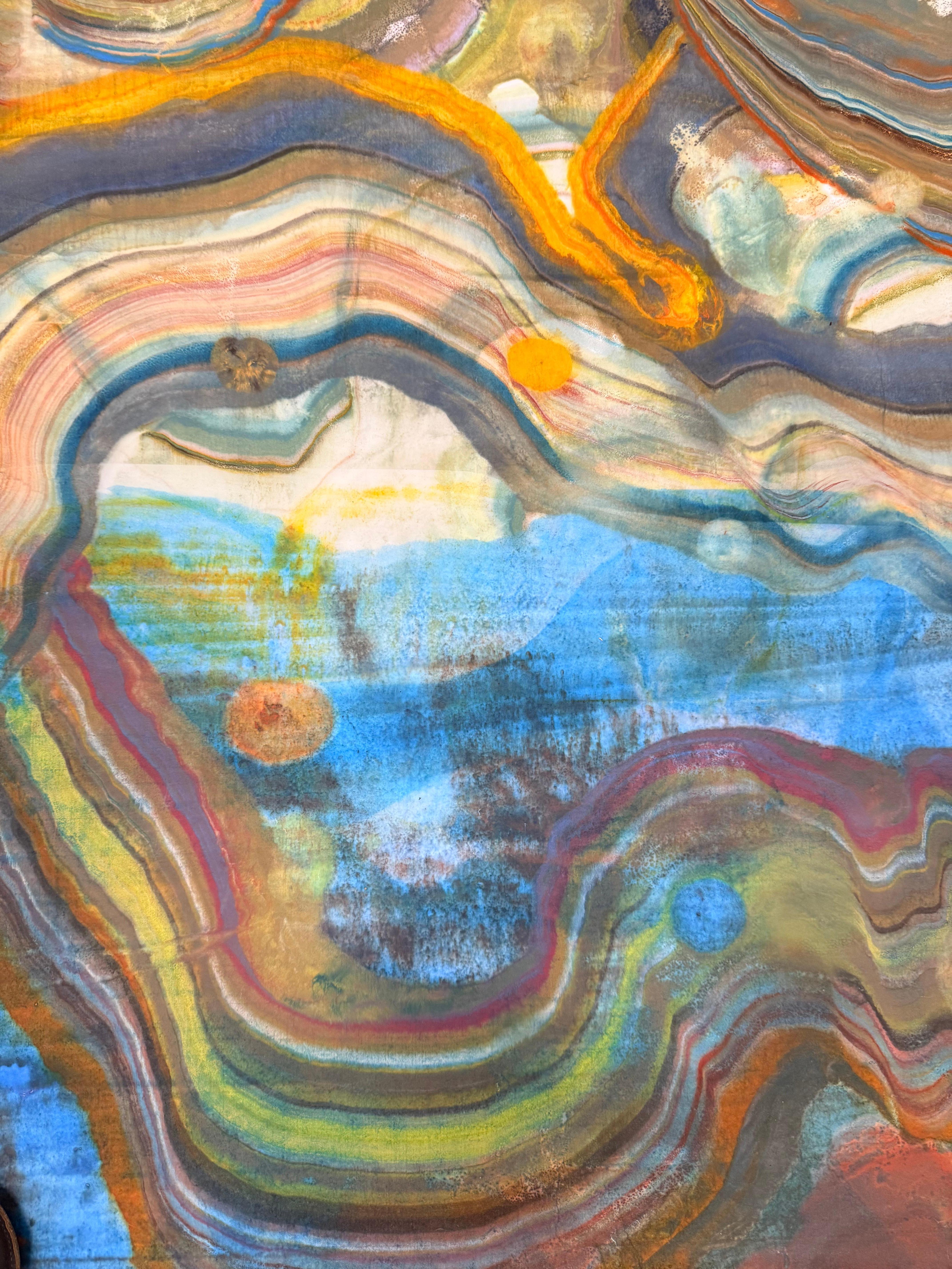 Cueva submarina - Geología abstracta Monotipo encáustico Azul Verde Amarillo, 2024 en venta 7