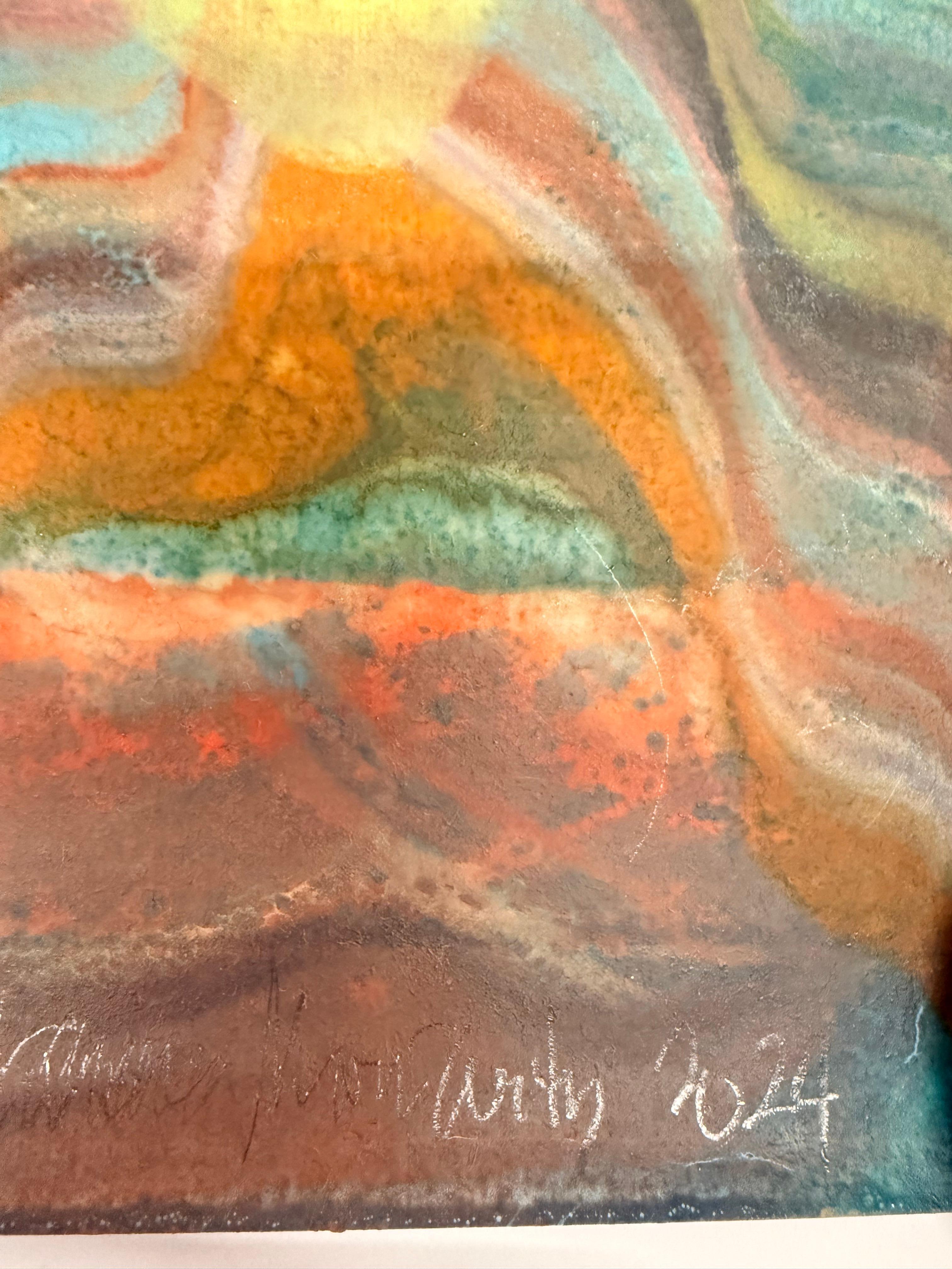 Cueva submarina - Geología abstracta Monotipo encáustico Azul Verde Amarillo, 2024 en venta 8