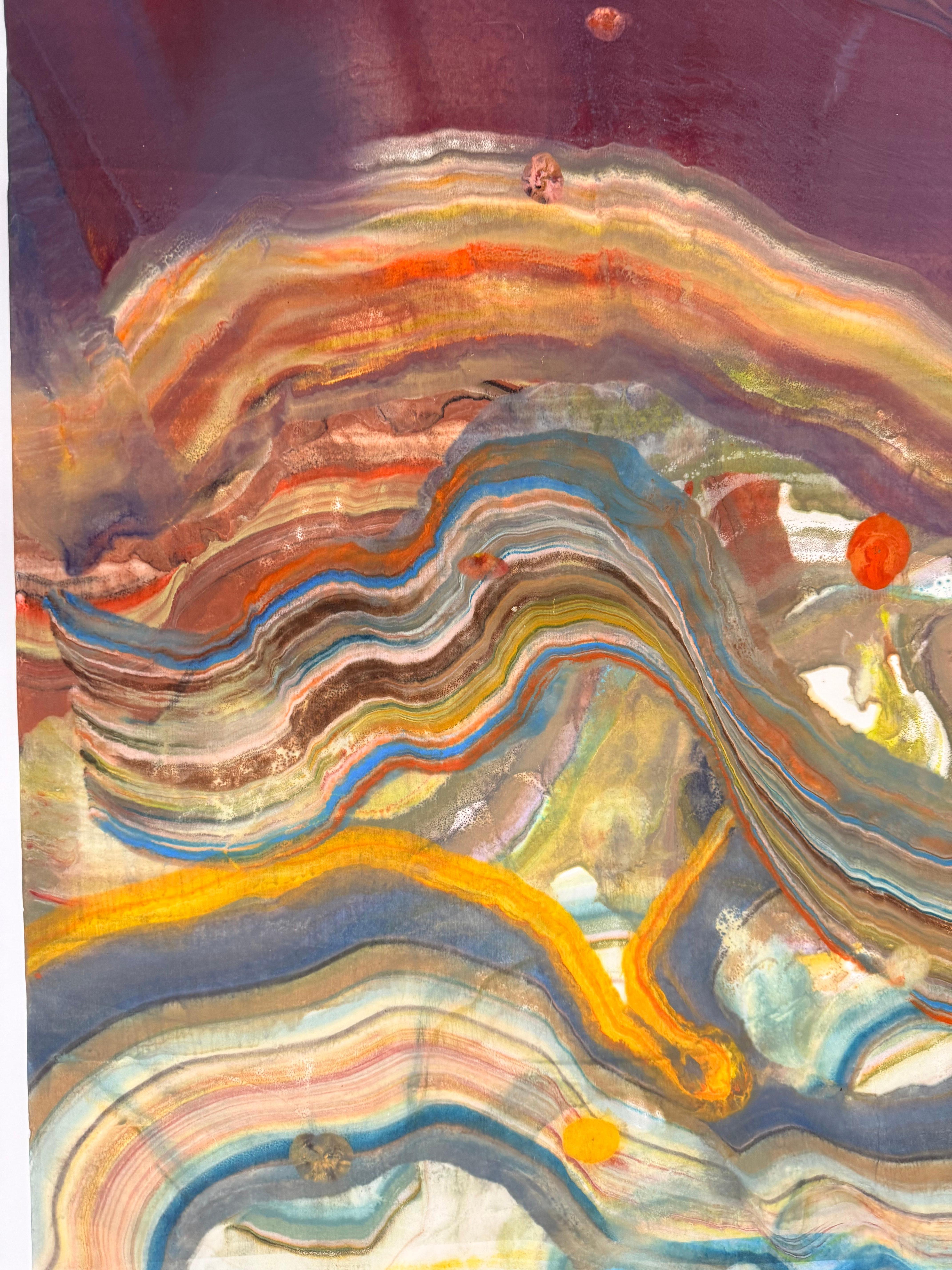 Cueva submarina - Geología abstracta Monotipo encáustico Azul Verde Amarillo, 2024 - Print de Laura Moriarty