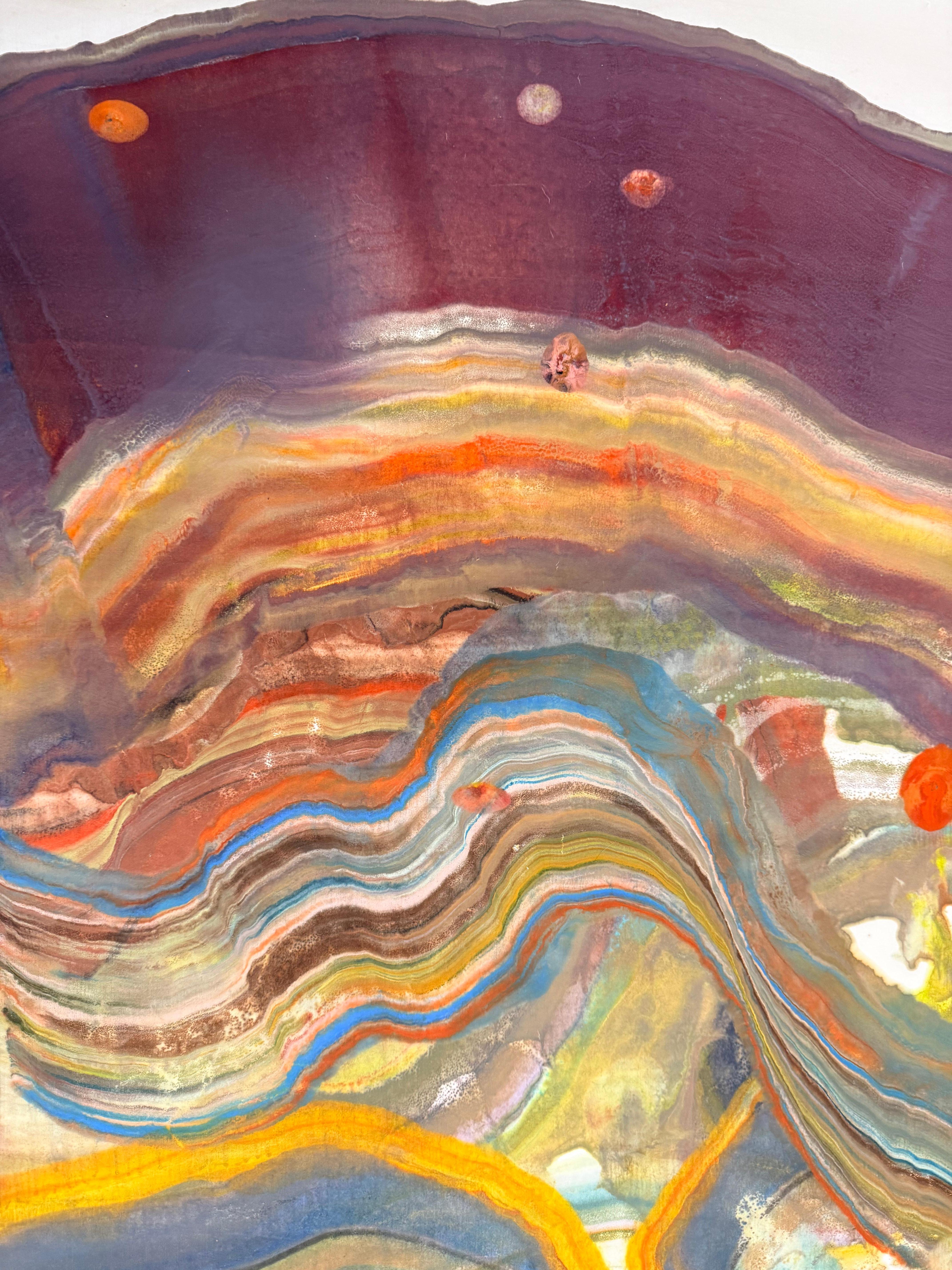 Cueva submarina - Geología abstracta Monotipo encáustico Azul Verde Amarillo, 2024 - Print Contemporáneo de Laura Moriarty