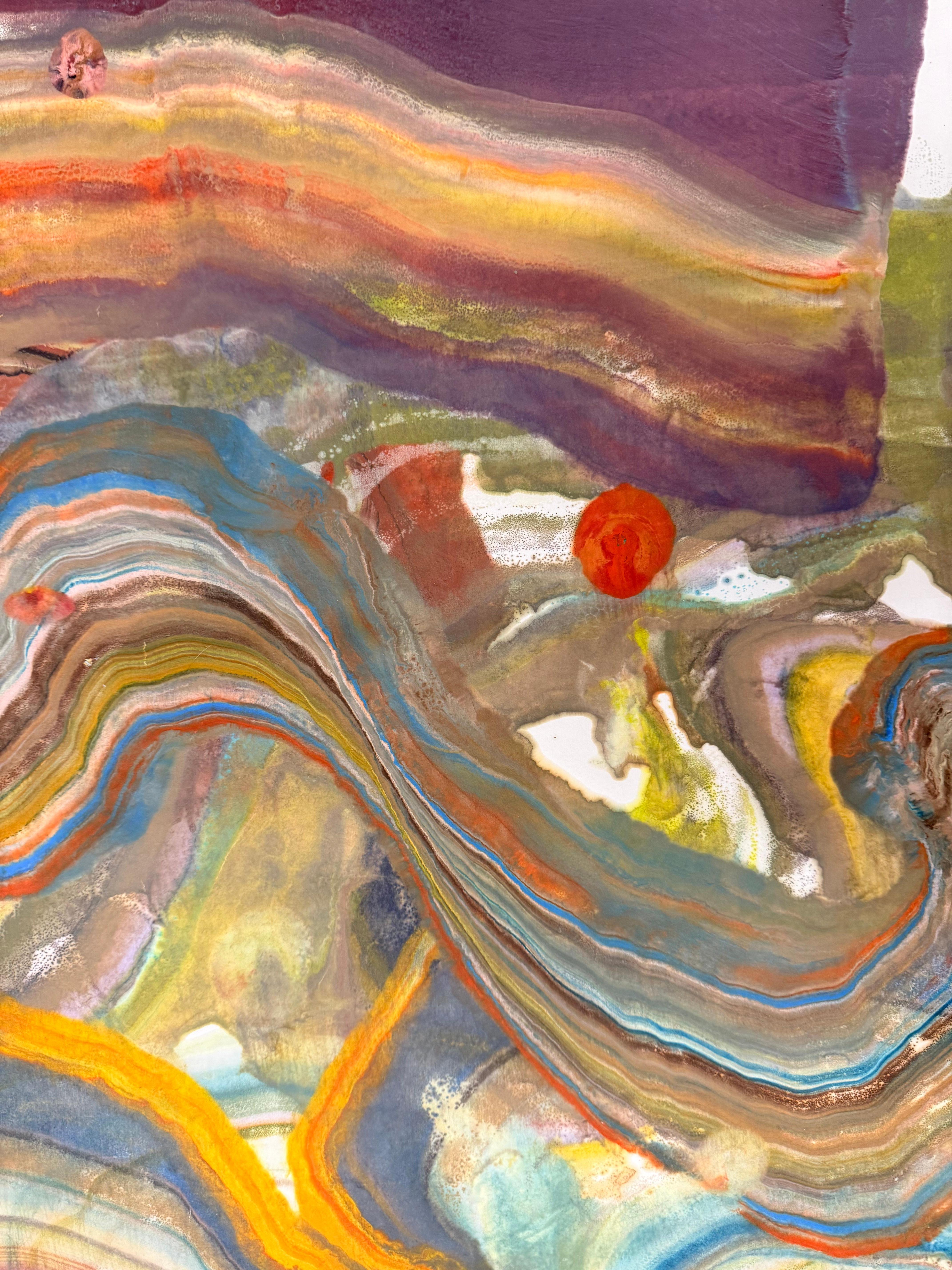 Cueva submarina - Geología abstracta Monotipo encáustico Azul Verde Amarillo, 2024 en venta 1