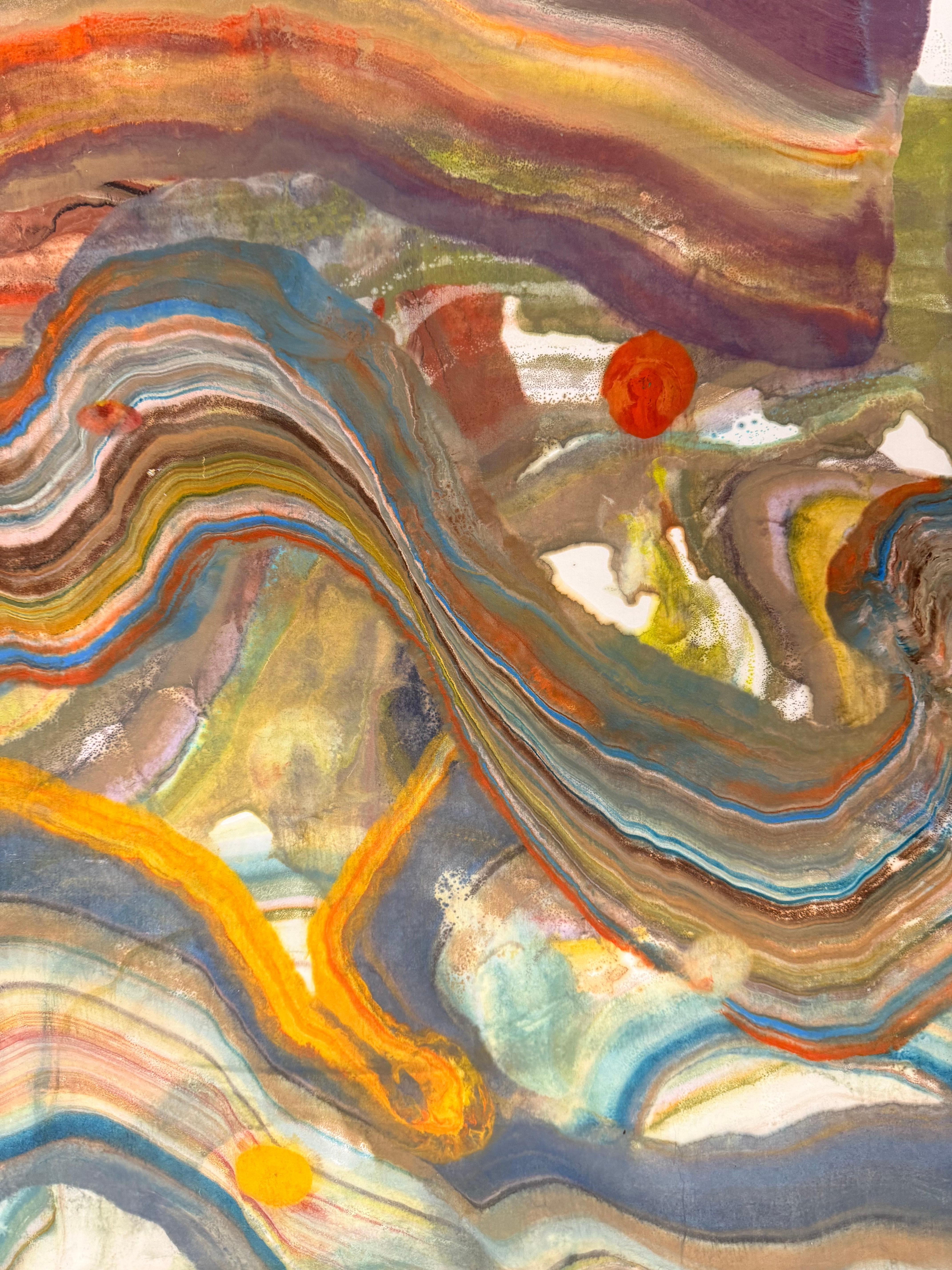 Cueva submarina - Geología abstracta Monotipo encáustico Azul Verde Amarillo, 2024 en venta 2