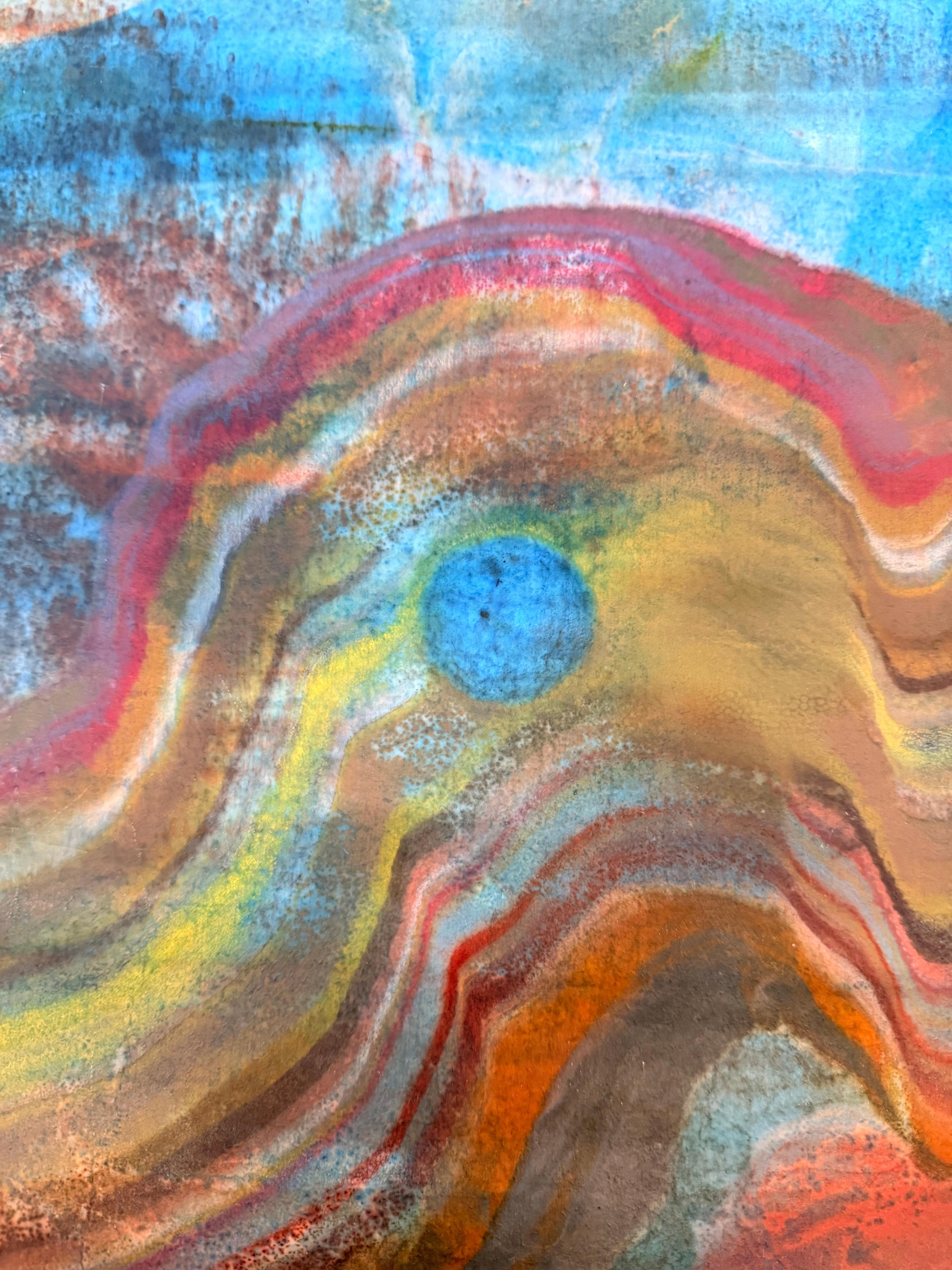 Cueva submarina - Geología abstracta Monotipo encáustico Azul Verde Amarillo, 2024 en venta 3