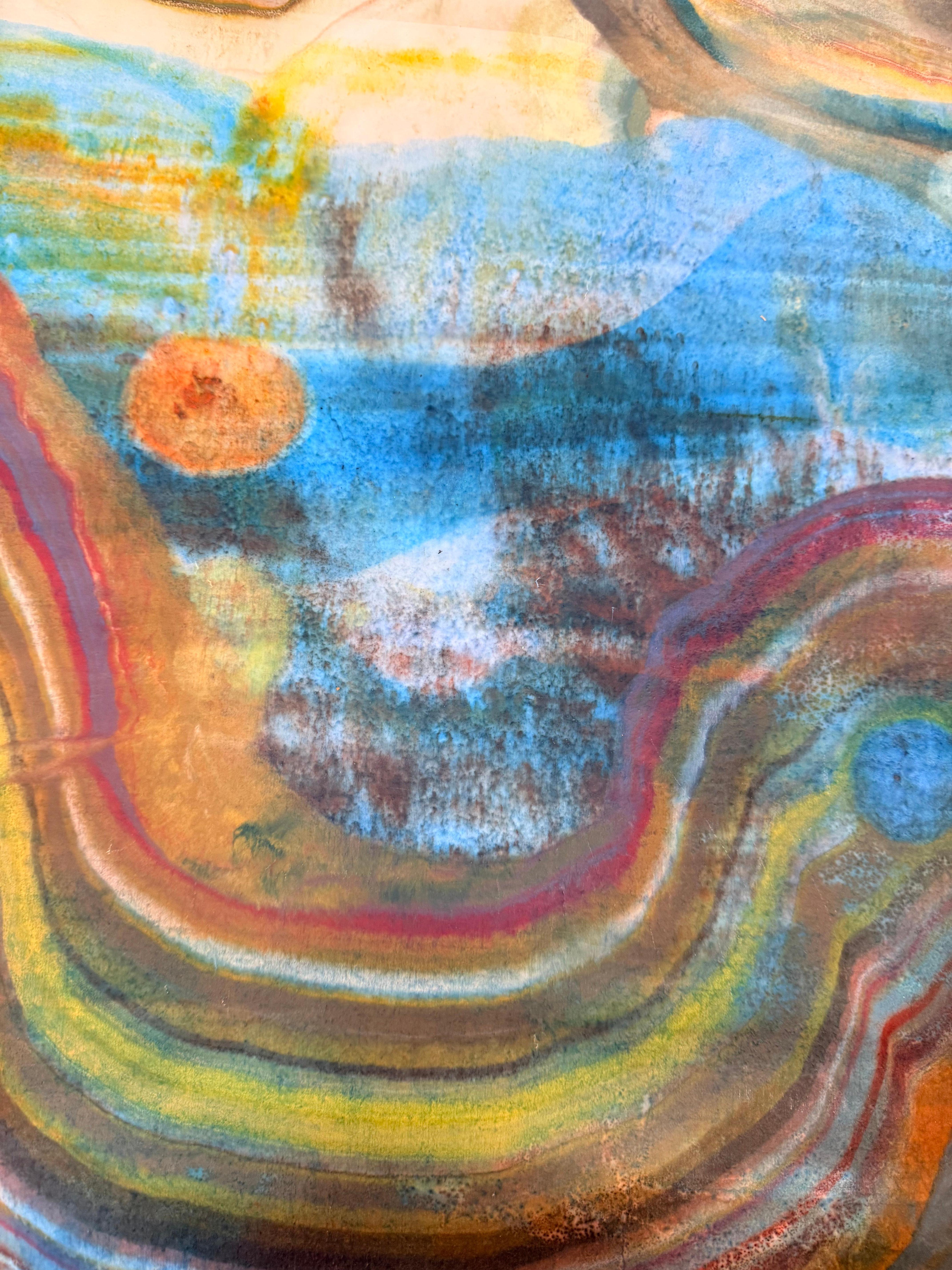 Cueva submarina - Geología abstracta Monotipo encáustico Azul Verde Amarillo, 2024 en venta 4