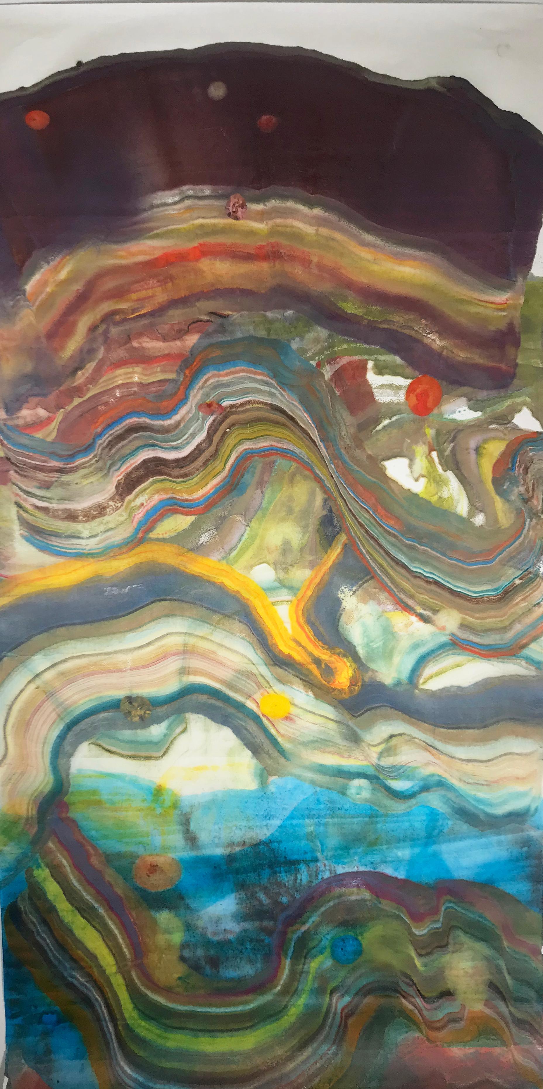 Unterwasserhöhle - Abstrakte Geologie Enkaustik Monotypie Blau Grün Gelb, 2024