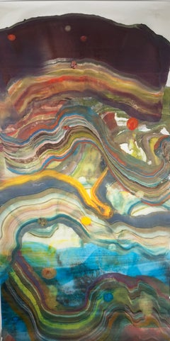 Grotte sous-marine - Géologie abstraite Monotype encaustique Bleu Vert Jaune, 2024