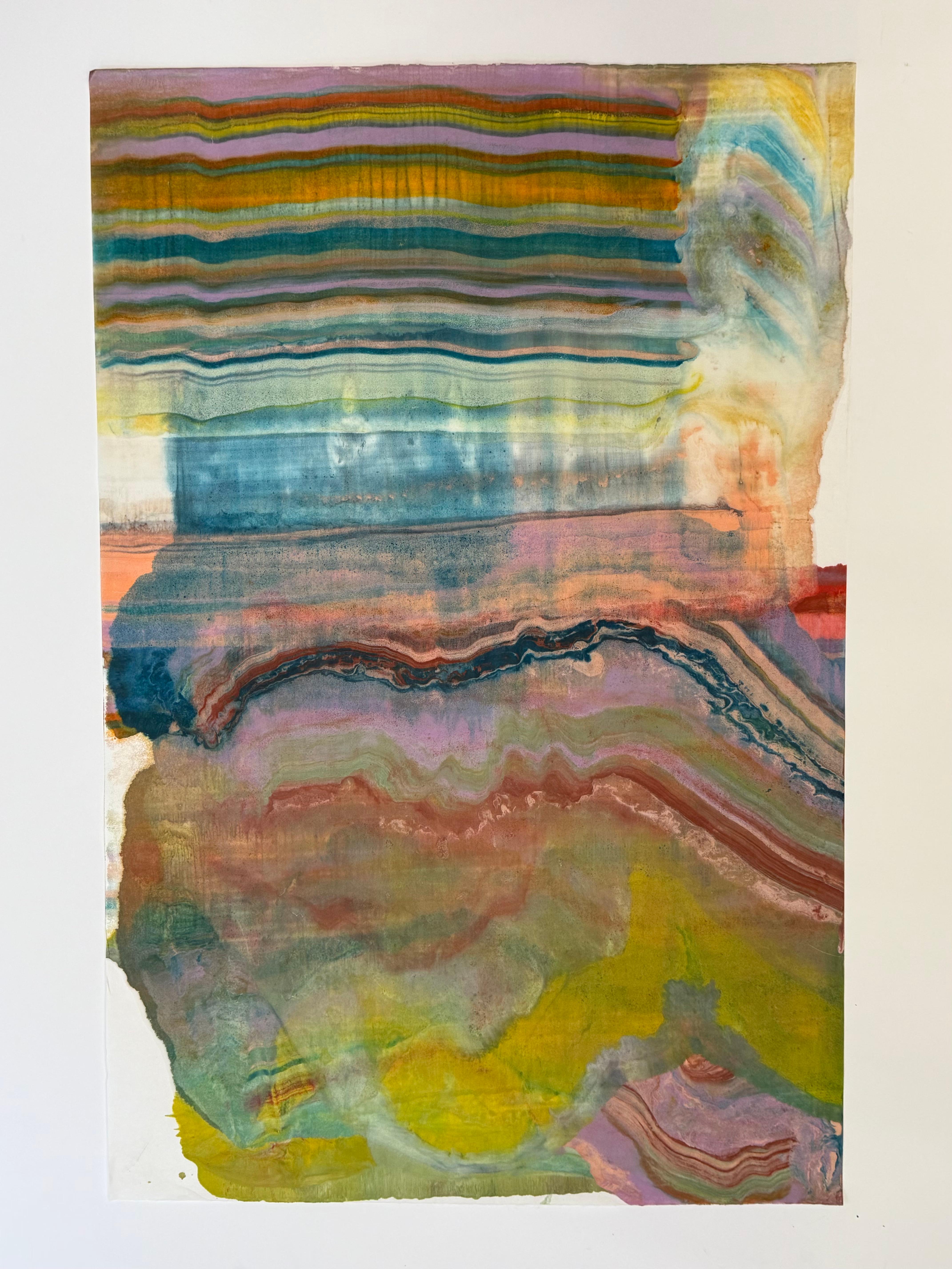 Inquebrantable - Monotipo Encáustico Geología Abstracta Contemporánea Amarillo Lila, 2025 - Print de Laura Moriarty