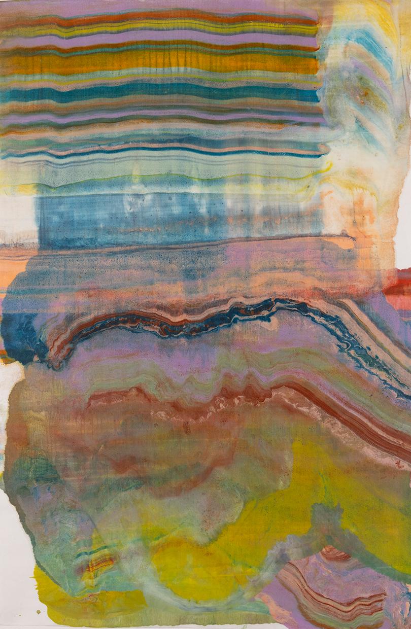 Unshakable - Monotype ad encausto di geologia astratta contemporanea, giallo lilla, 2025