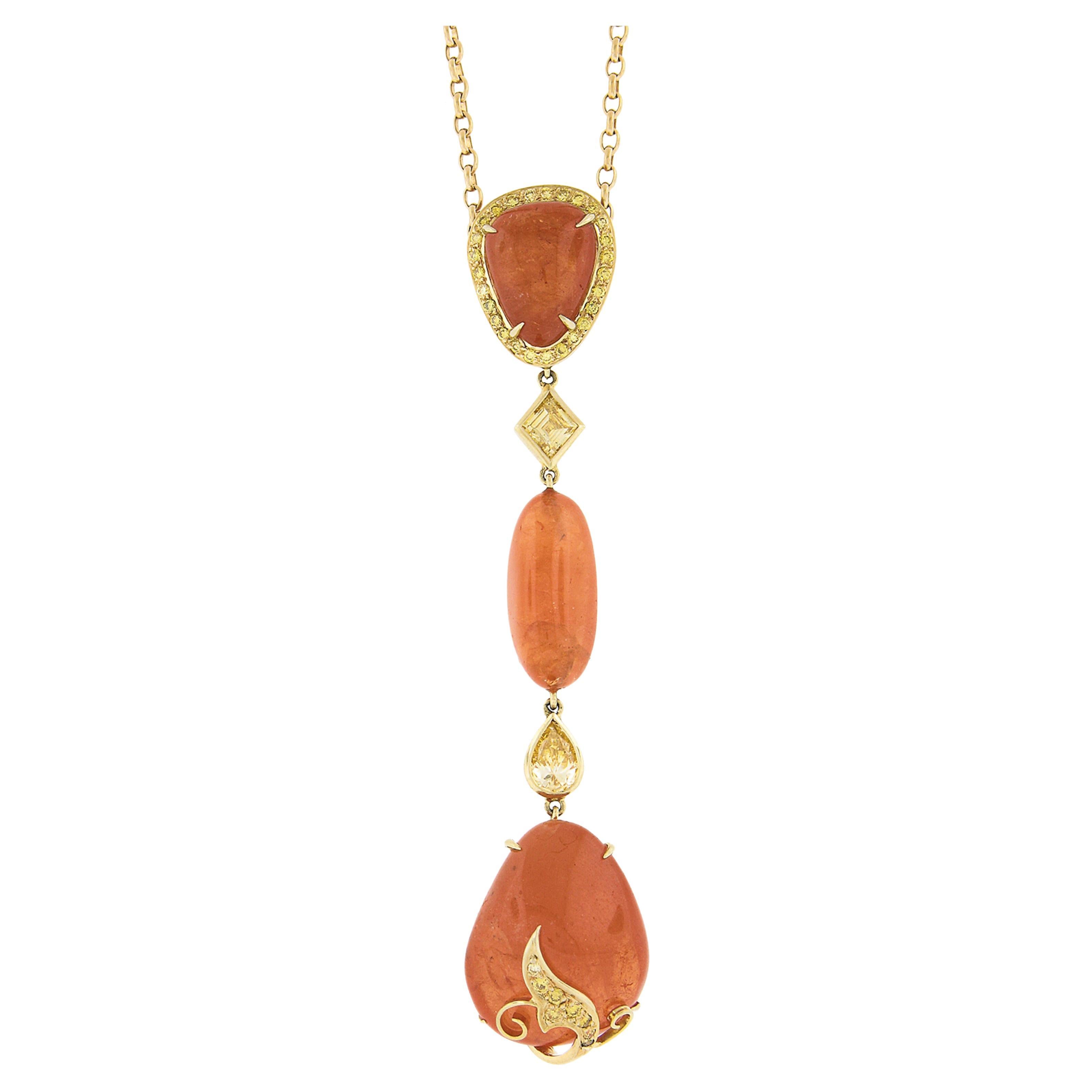 Laura Munder 18K Gold Mandarin Garnet & Diamond Pendant w/ Adjustable Rolo Chain For Sale