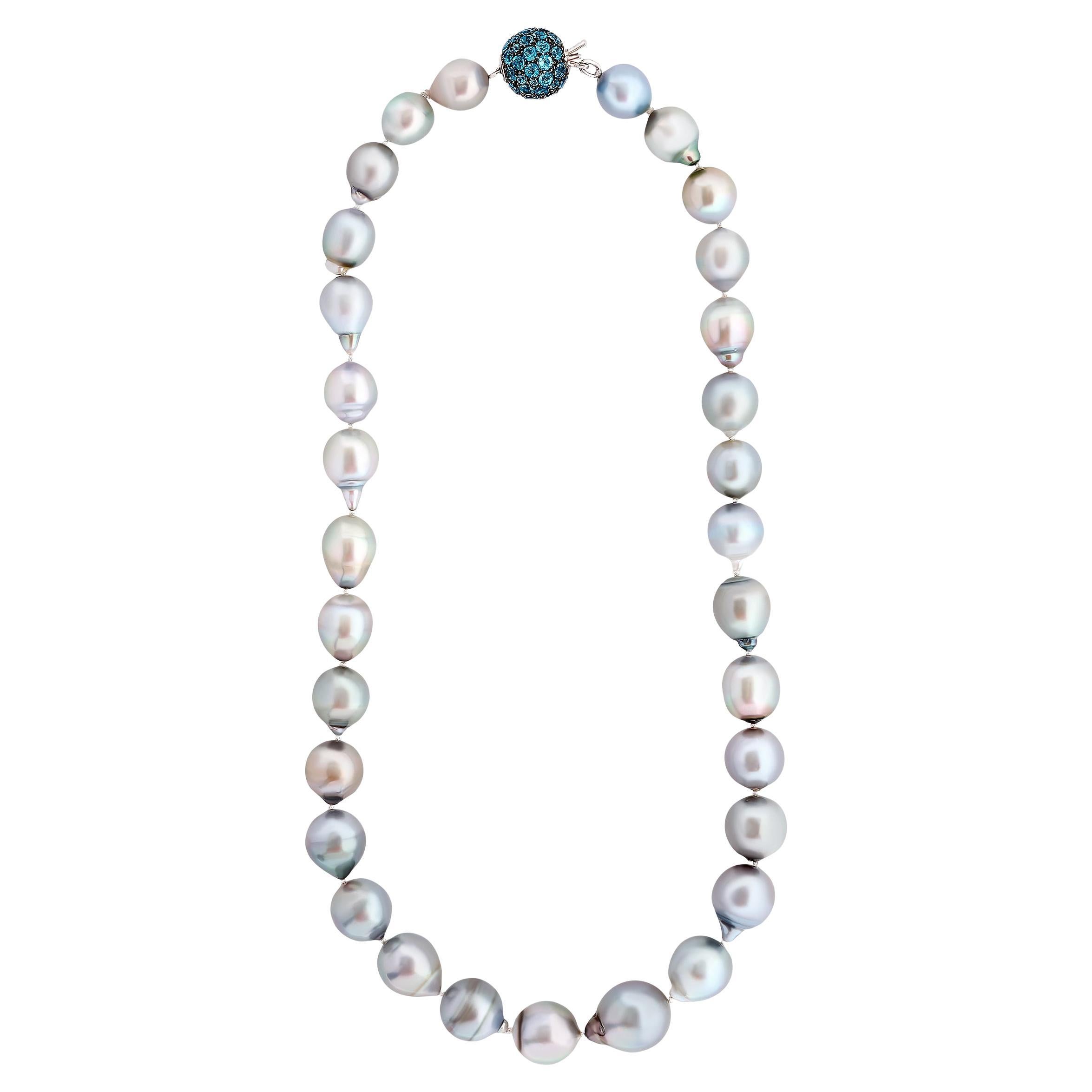 Laura Munder 18K White Gold Gray Pearl Necklace with Blue Topaz Ball Clasp