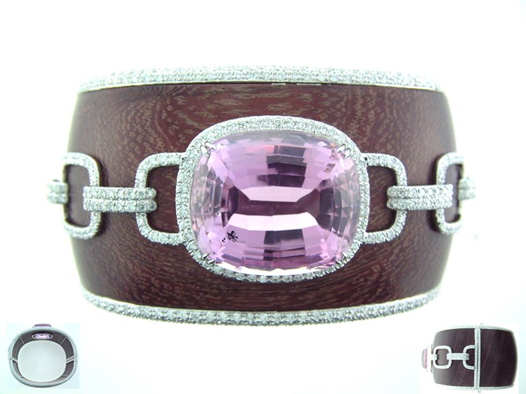 Laura Munder 57.81 Carat Kunzite Diamond and Wood White Gold Bangle Bracelet In New Condition For Sale In West Palm Beach, FL