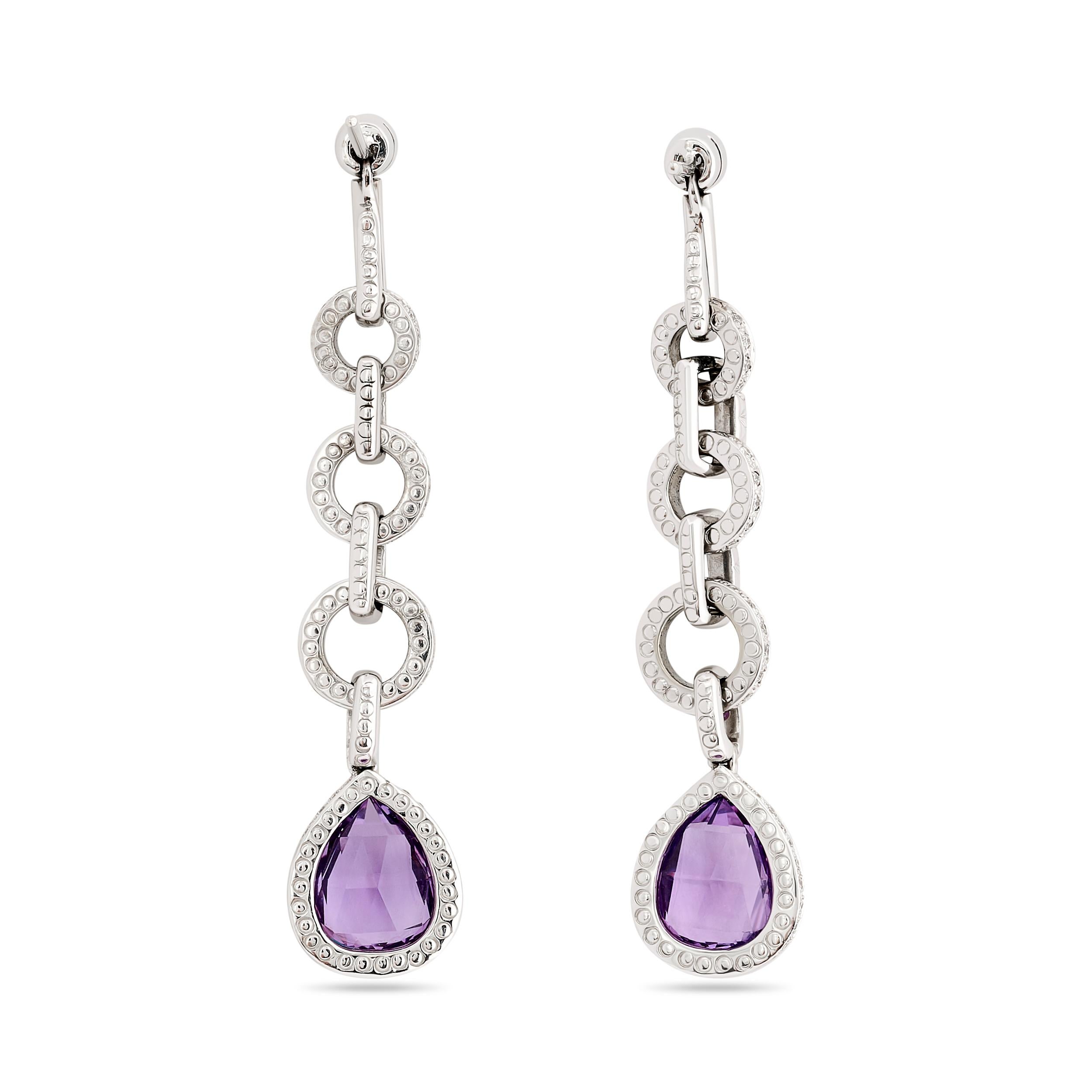 Round Cut Laura Munder Amethyst and Diamond Dangle Earrings in 18KW Gold For Sale