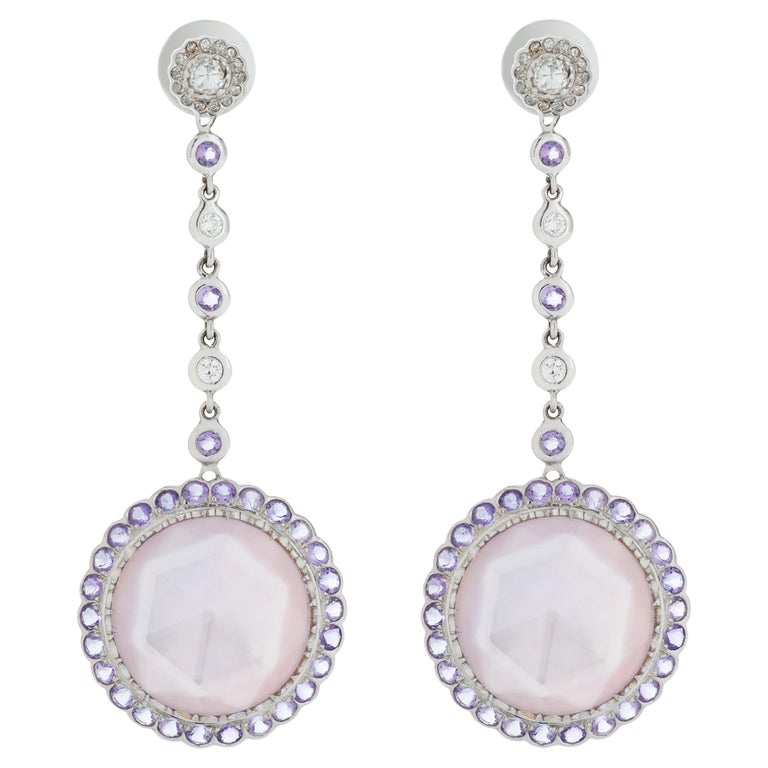 Laura Munder Amethyst, Diamond and Mother of Pearl Dangle Earrings in 18KW Gold For Sale