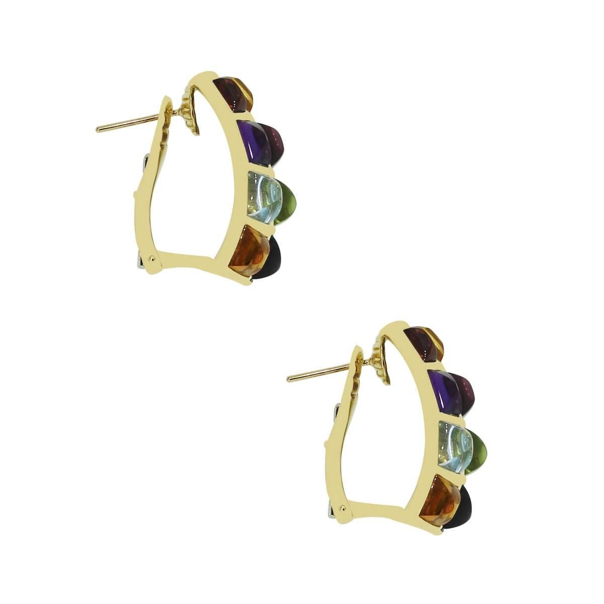 Material: 18k yellow gold
Gemstone Details: Amethyst, citrine, pink and blue tourmaline gemstones each measuring approximately 6.02mm x 5.75mm
Fastening: Omega backs
Measurements: 0.80″ x 0.75″ x 1″
Item Weight: 20.9g (13.4dwt)
SKU: G7206