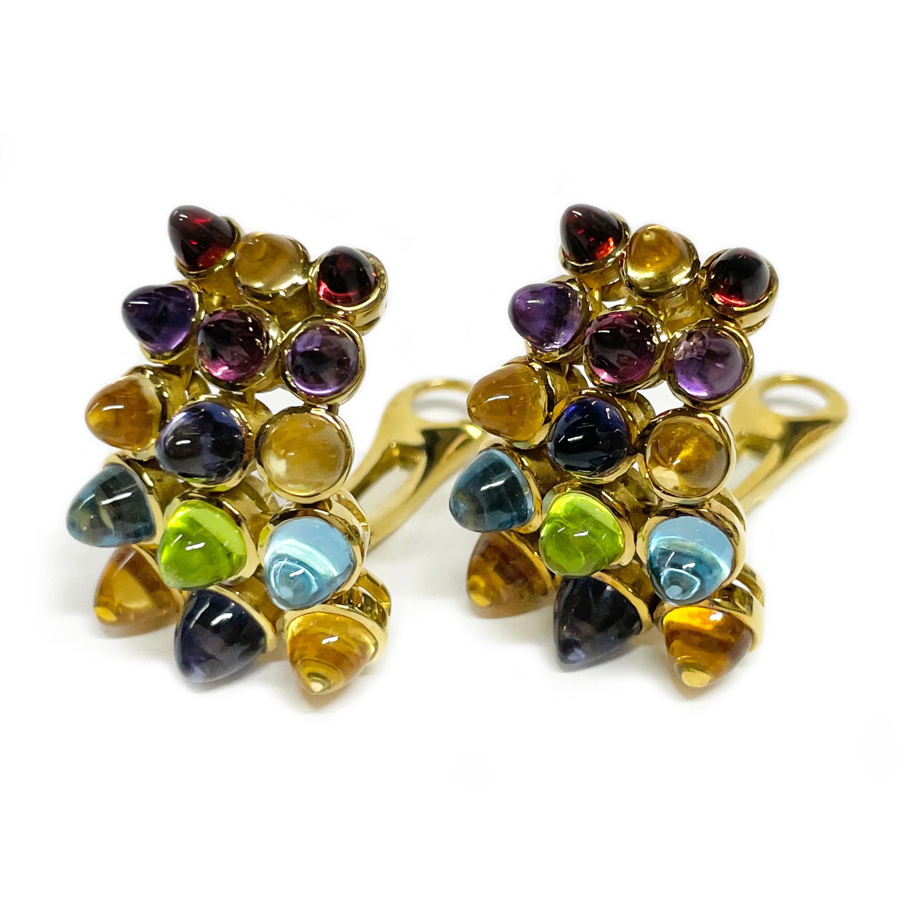 Laura Munder Clip-On Earrings in Yellow Gold with Multi-Gemstones.

Designed by Laura Munder, these elegant earrings are crafted in yellow gold and showcase a vibrant array of multi-gemstones. Each earring features 15 briolette-cut stones, arranged