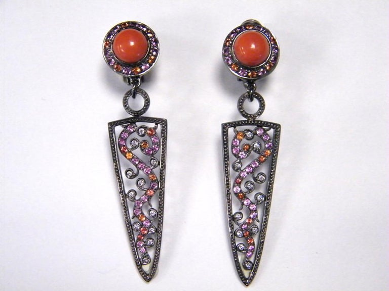 Cabochon Laura Munder Coral Pink & Orange Sapphire Diamond Blackened White Gold Earrings For Sale