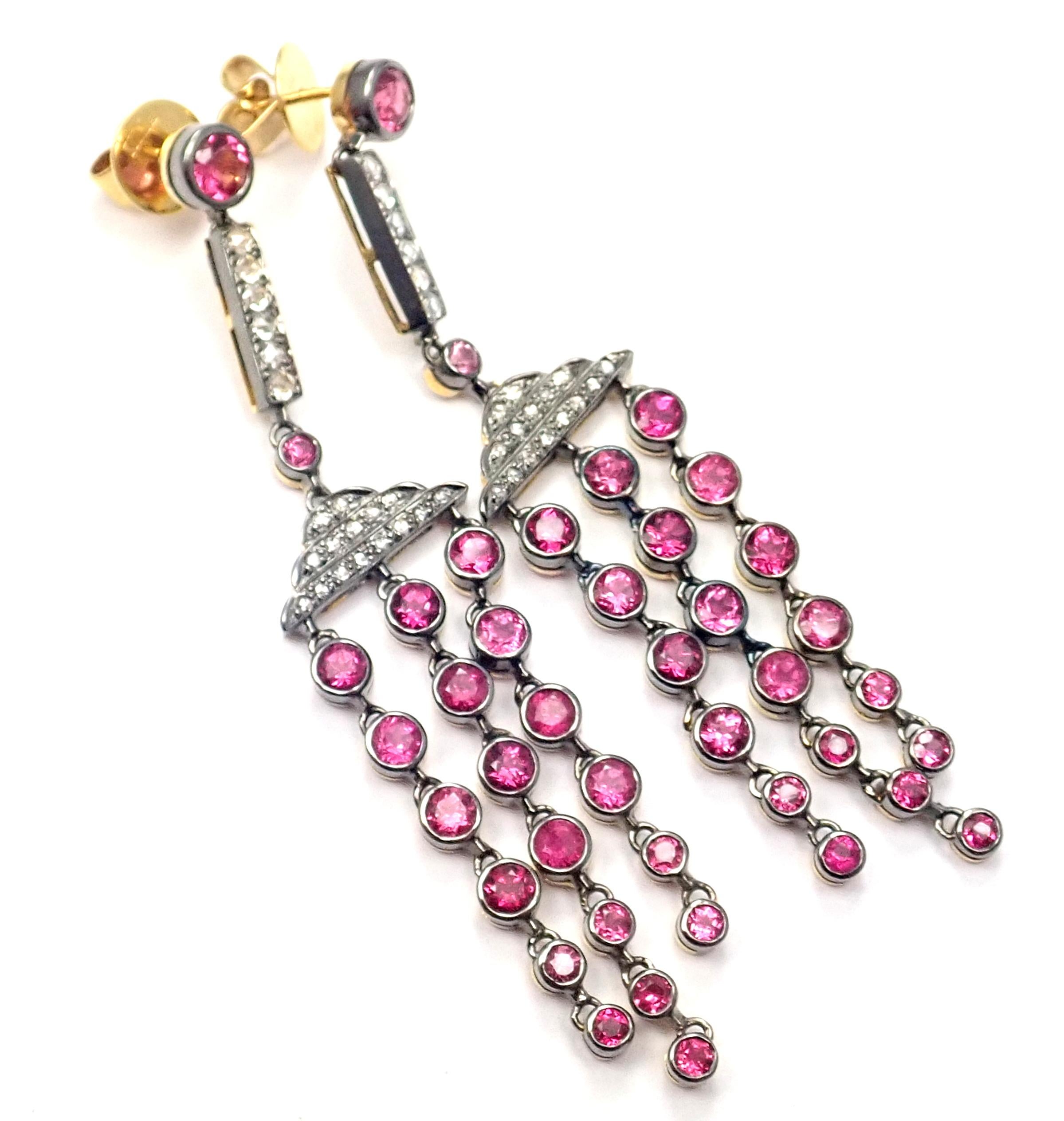 Laura Munder Diamond Pink Sapphire Yellow Gold Dangle Earrings For Sale 1